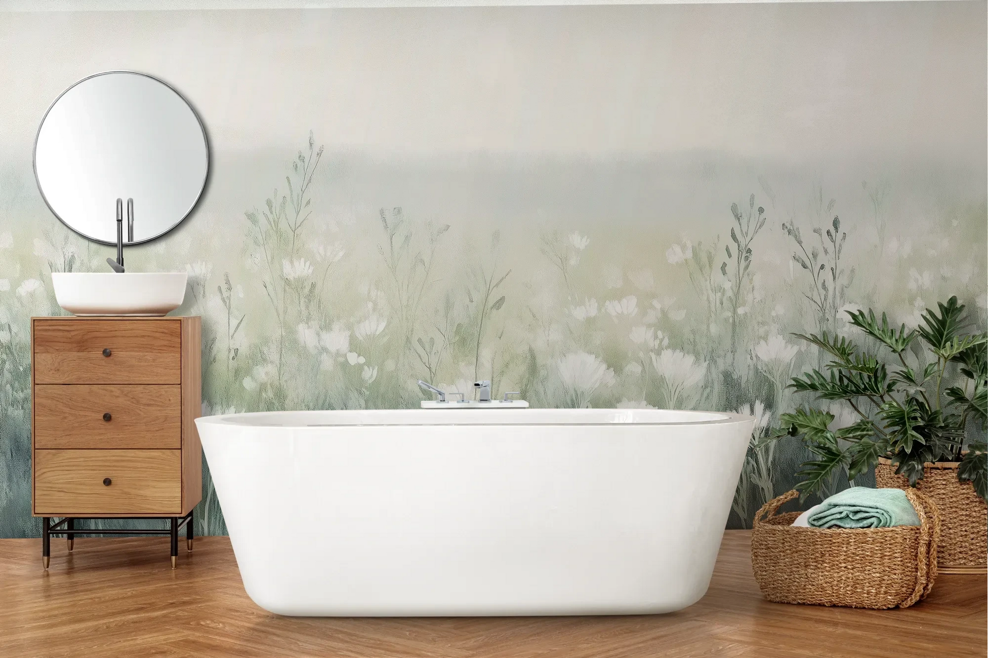 Wzór fototapety WINTER'S BLOOM - tapeta z mglistą łąką w pastelach pokazanej w aranżacji łazienki.