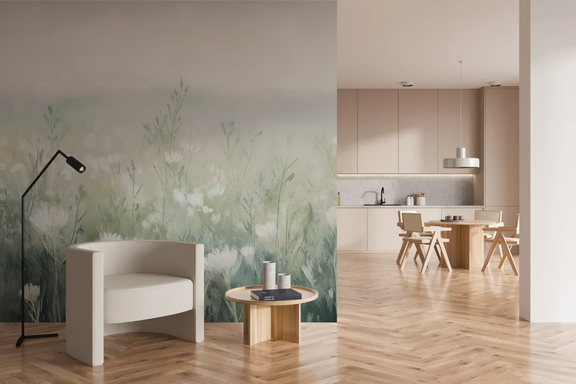 Wzór fototapety WINTER'S BLOOM - tapeta z mglistą łąką w pastelach pokazanej w aranżacji kuchni.