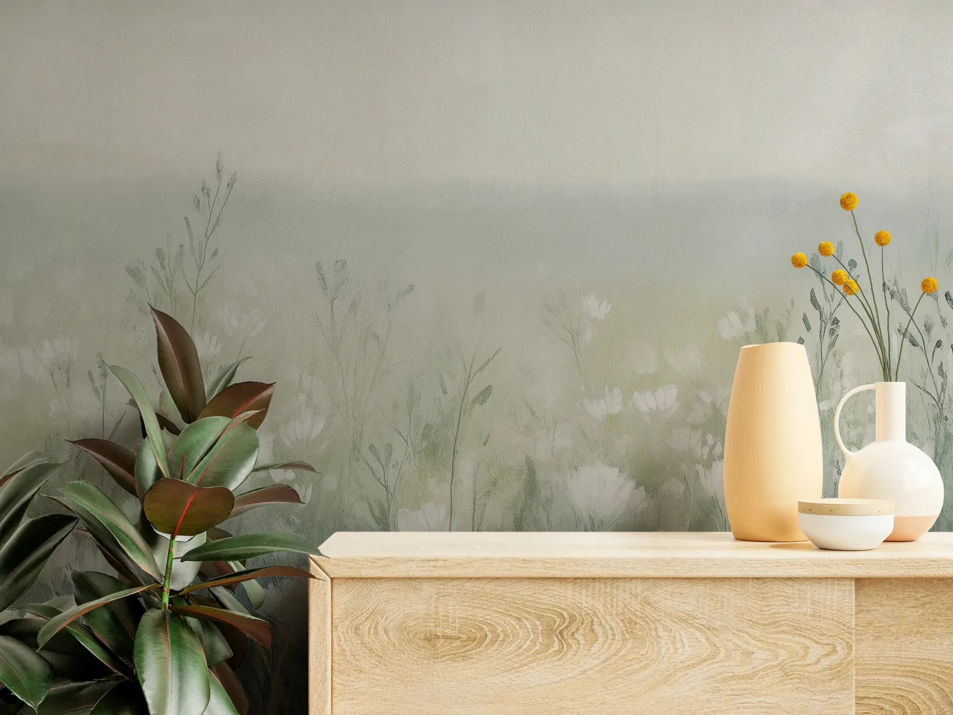 Fototapeta WINTER'S BLOOM - tapeta z mglistą łąką w pastelach pokazana w aranżacji wnętrza z akcentem na ścianie.