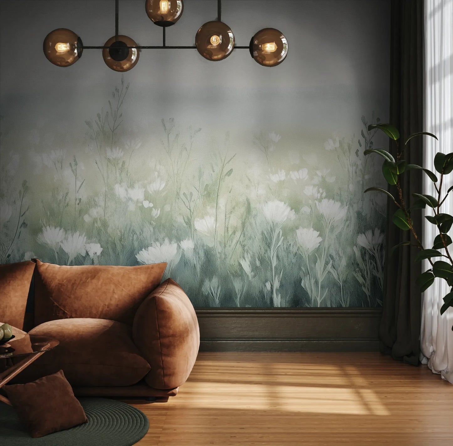 Fototapeta WINTER'S BLOOM - tapeta z mglistą łąką w pastelach pokazana w aranżacji wnętrza z akcentem na ścianie.