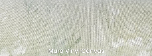 Zbliżenie na fototapetę WINTER'S BLOOM - tapeta z mglistą łąką w pastelach na podłożu o fakturze płótna.