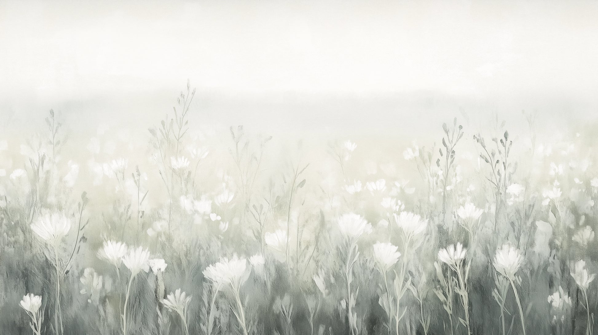 Prezentacja całego wzoru fototapety o nazwie CLOUDED BLOSSOMS - tapeta z mglistą łąką