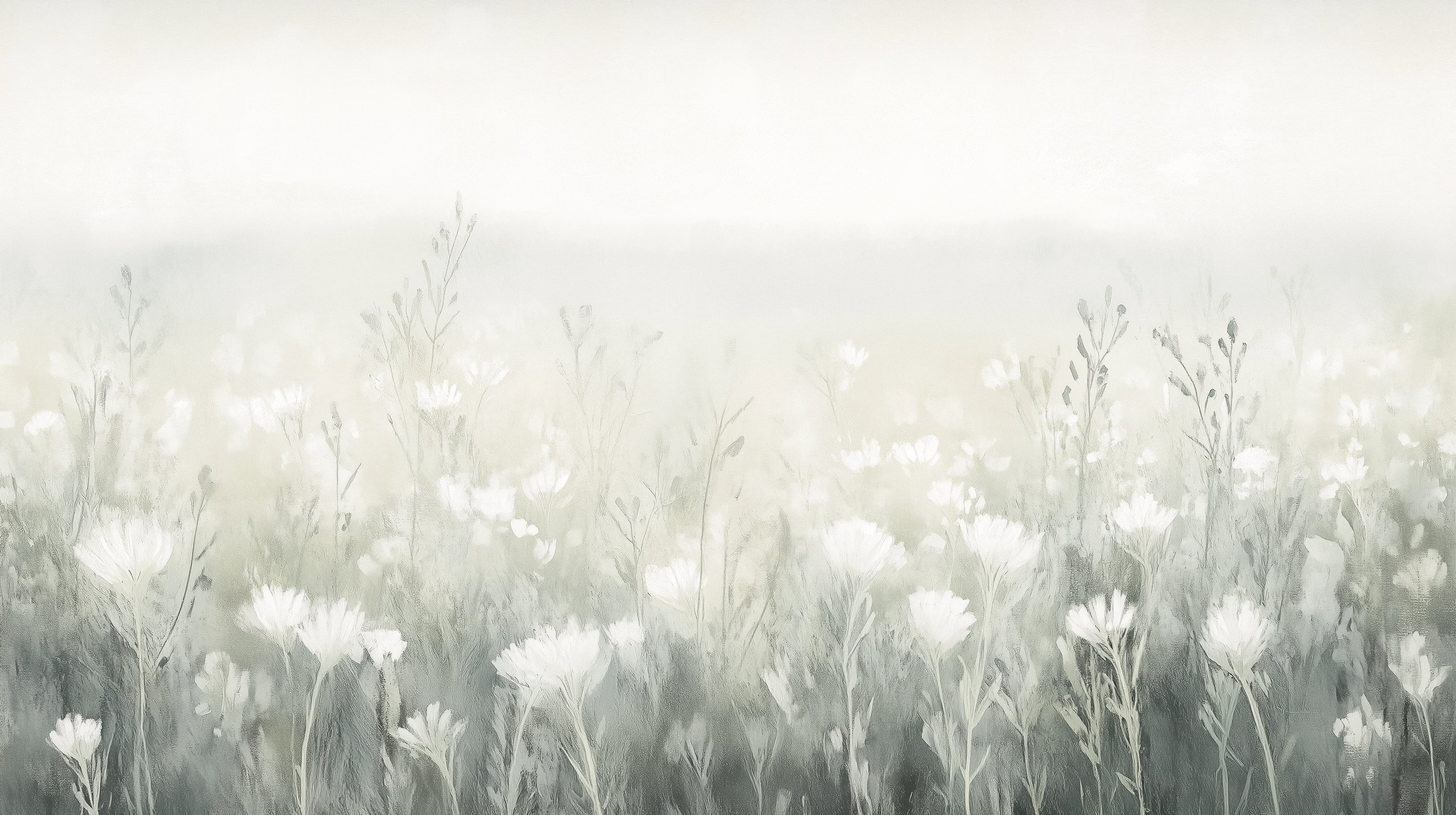 Podgląd wzoru: Prezentacja całego wzoru fototapety o nazwie CLOUDED BLOSSOMS - tapeta z mglistą łąką
