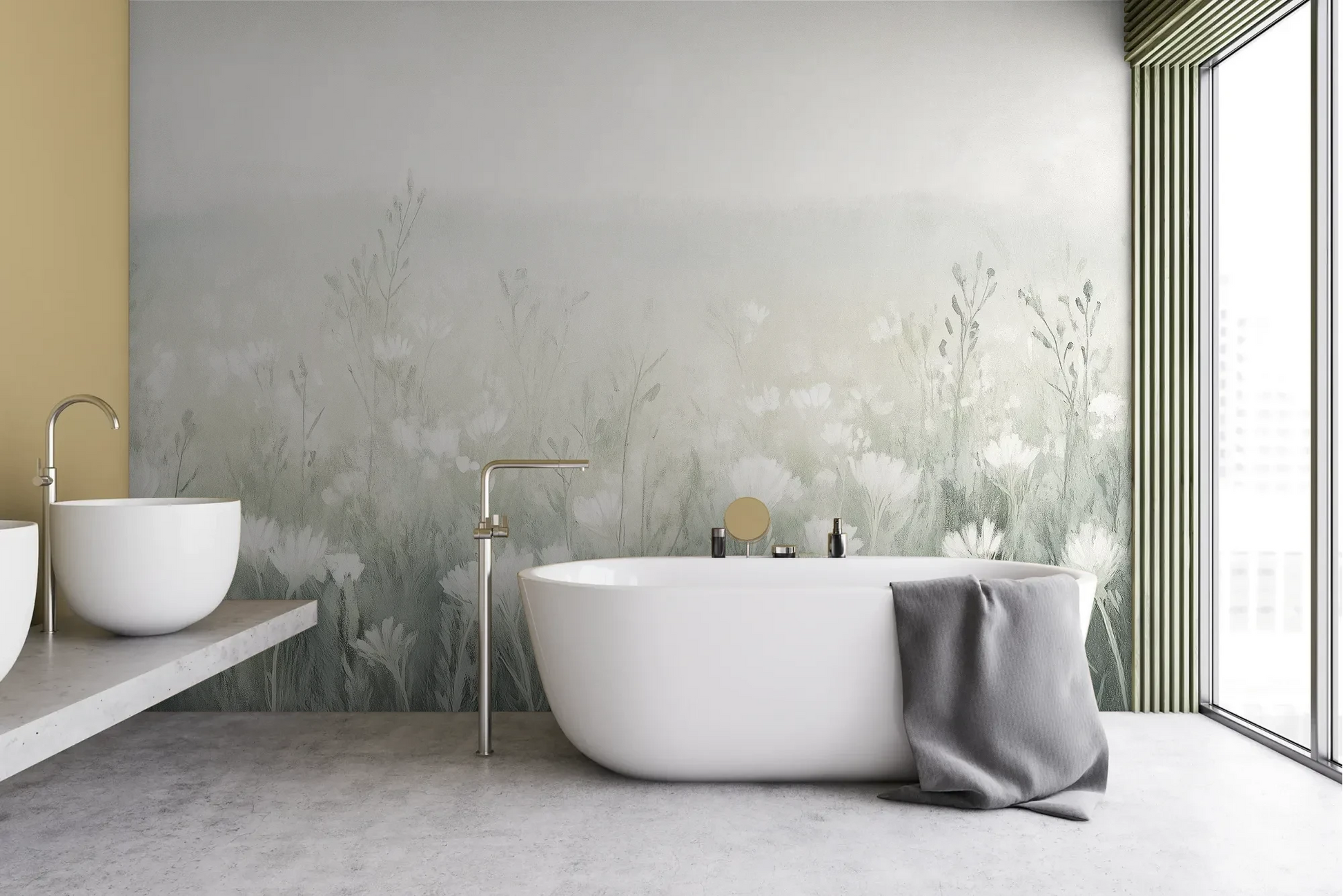 Wzór fototapety CLOUDED BLOSSOMS - tapeta z mglistą łąką pokazanej w aranżacji łazienki.