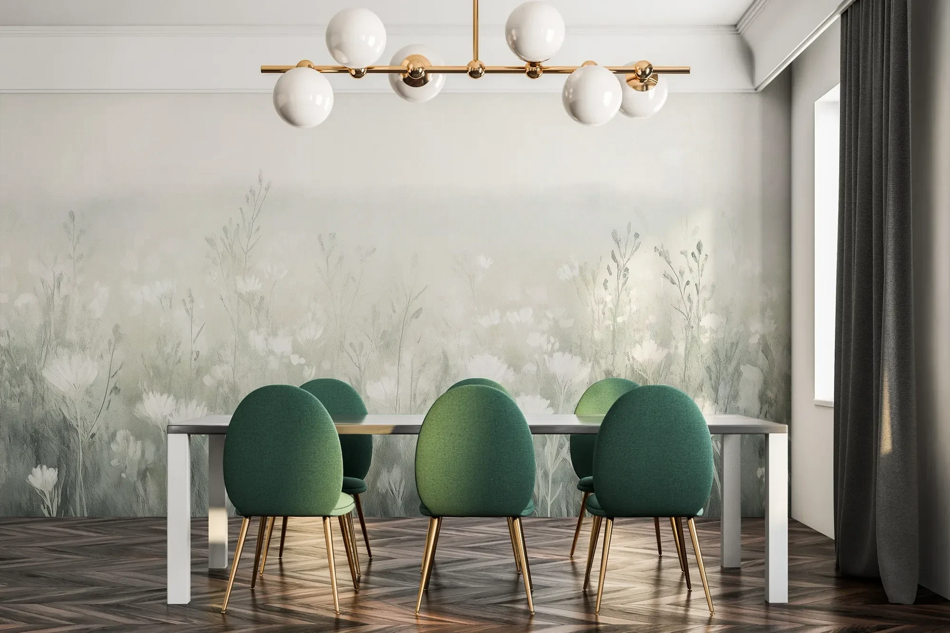 Fototapeta CLOUDED BLOSSOMS - tapeta z mglistą łąką pokazana w aranżacji jadalni.