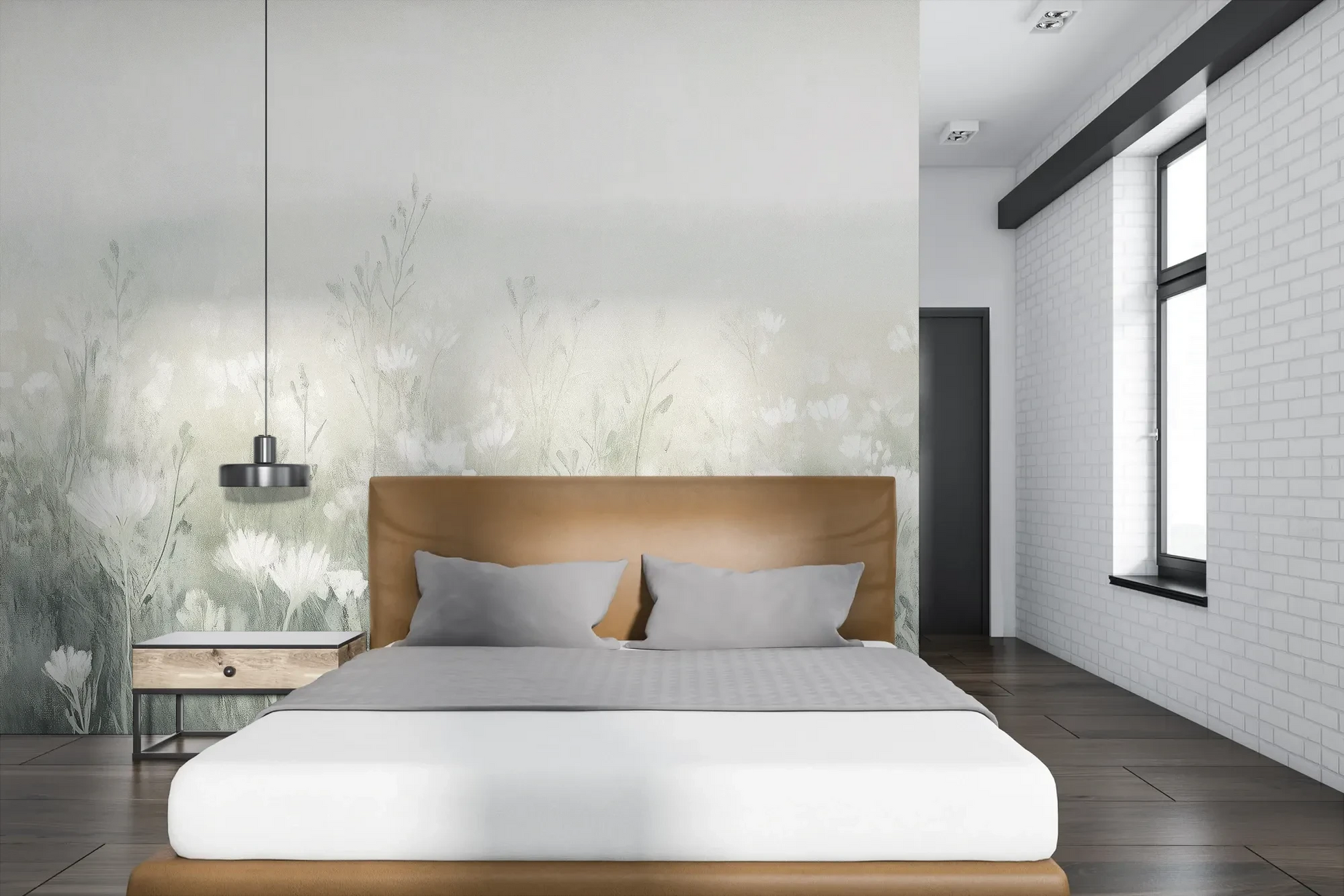 Wzór fototapety CLOUDED BLOSSOMS - tapeta z mglistą łąką pokazanej w aranżacji sypialni.