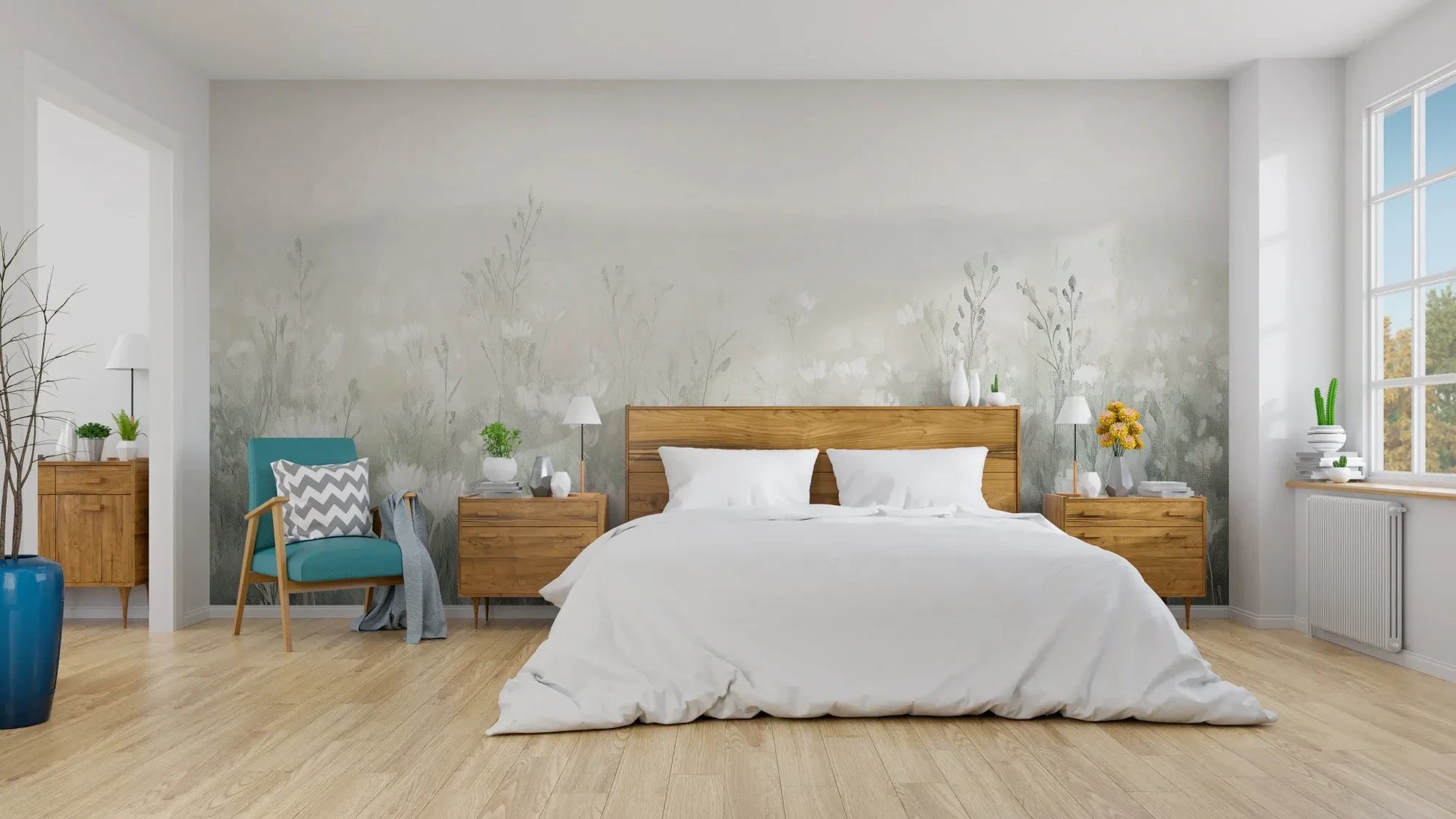 Wzór fototapety CLOUDED BLOSSOMS - tapeta z mglistą łąką pokazanej w aranżacji sypialni.