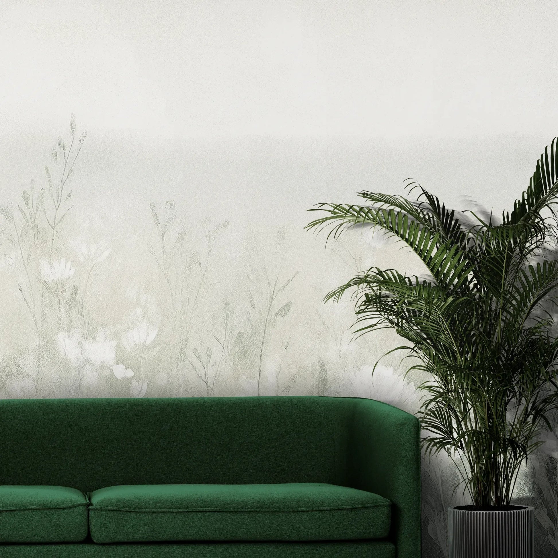 Fototapeta CLOUDED BLOSSOMS - tapeta z mglistą łąką pokazana w aranżacji wnętrza z akcentem na ścianie.