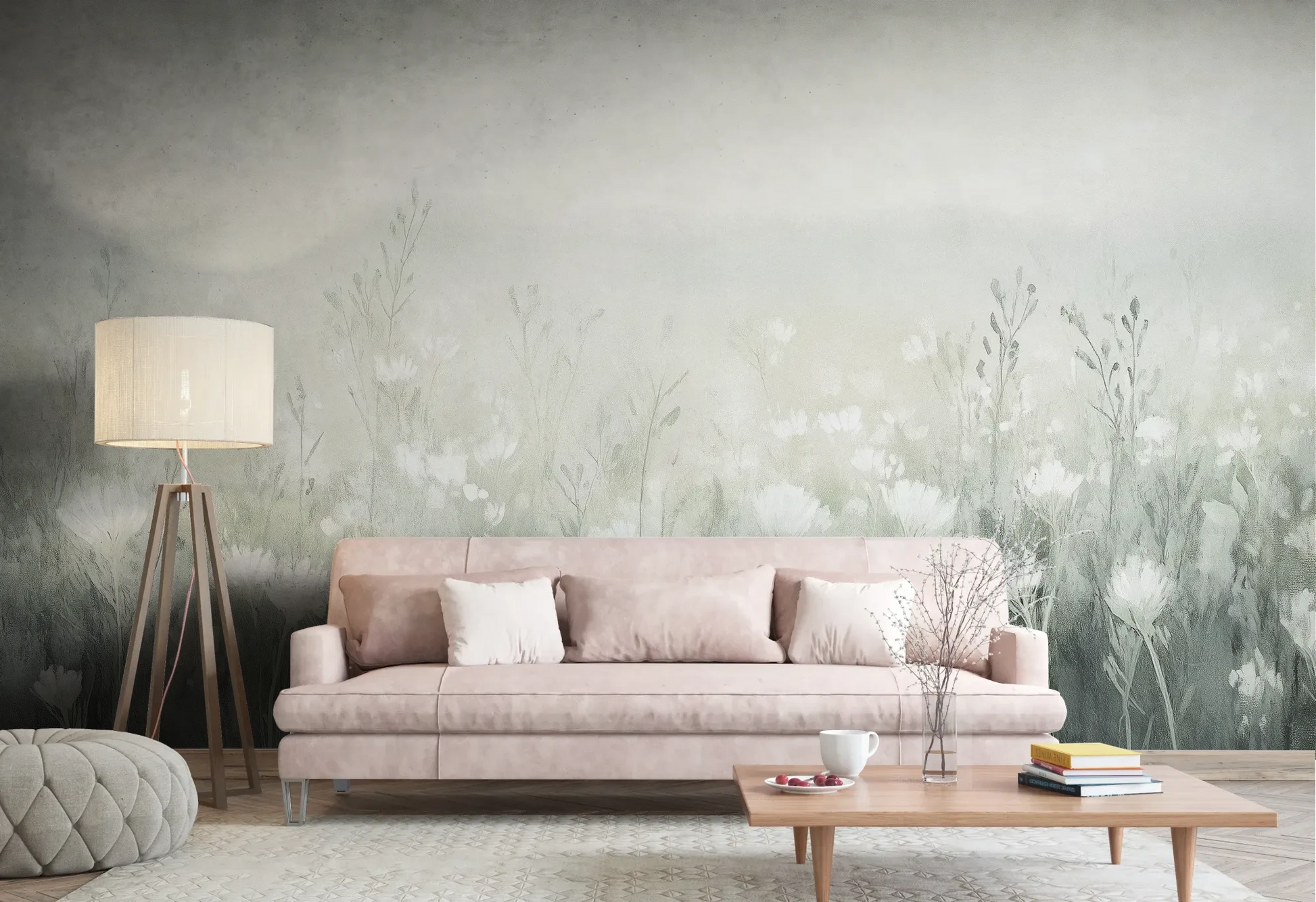 Wzór fototapety CLOUDED BLOSSOMS - tapeta z mglistą łąką pokazanej w aranżacji salonu.