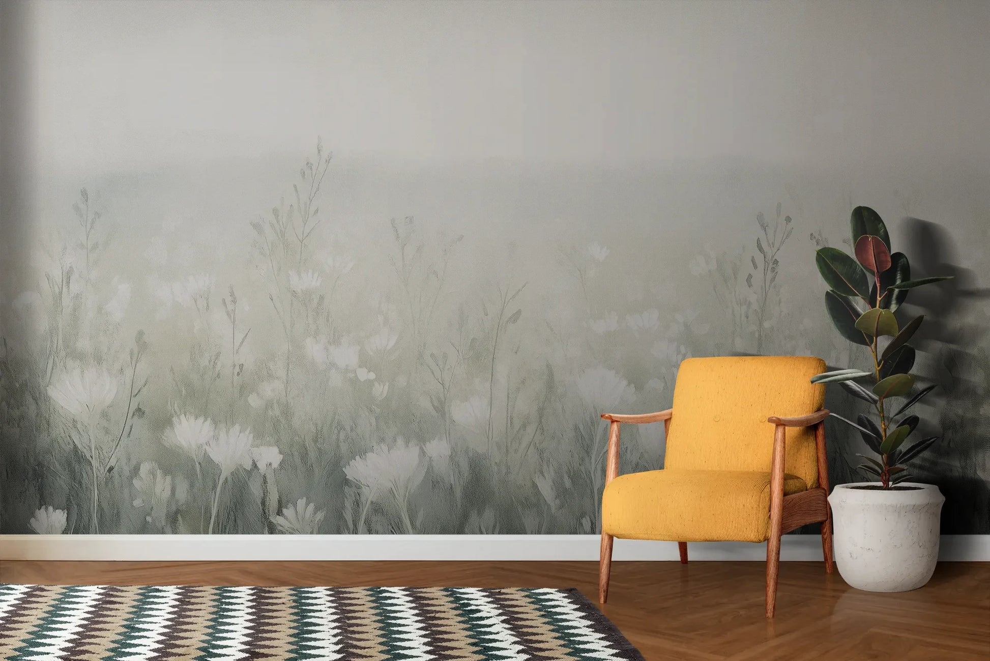 Wzór fototapety CLOUDED BLOSSOMS - tapeta z mglistą łąką pokazanej w aranżacji salonu.