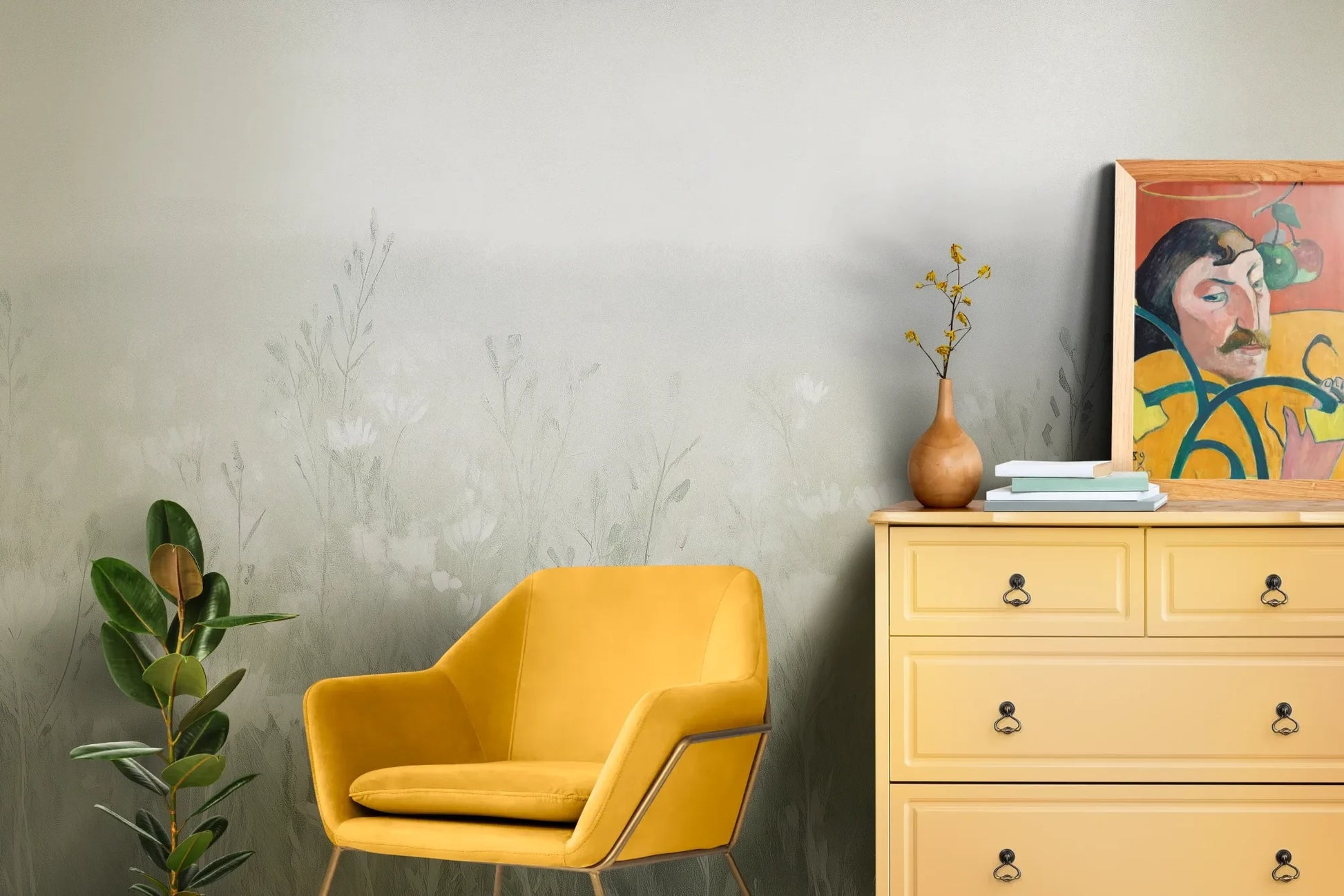 Wzór fototapety CLOUDED BLOSSOMS - tapeta z mglistą łąką pokazanej w aranżacji salonu.