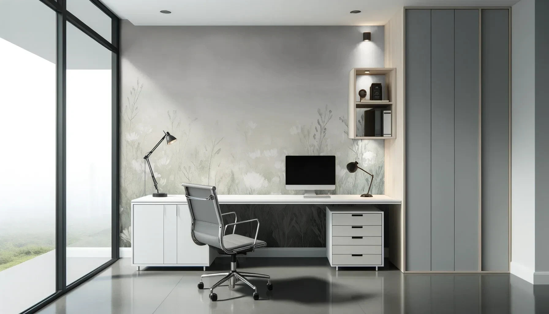 Fototapeta CLOUDED BLOSSOMS - tapeta z mglistą łąką pokazana w aranżacji biura.