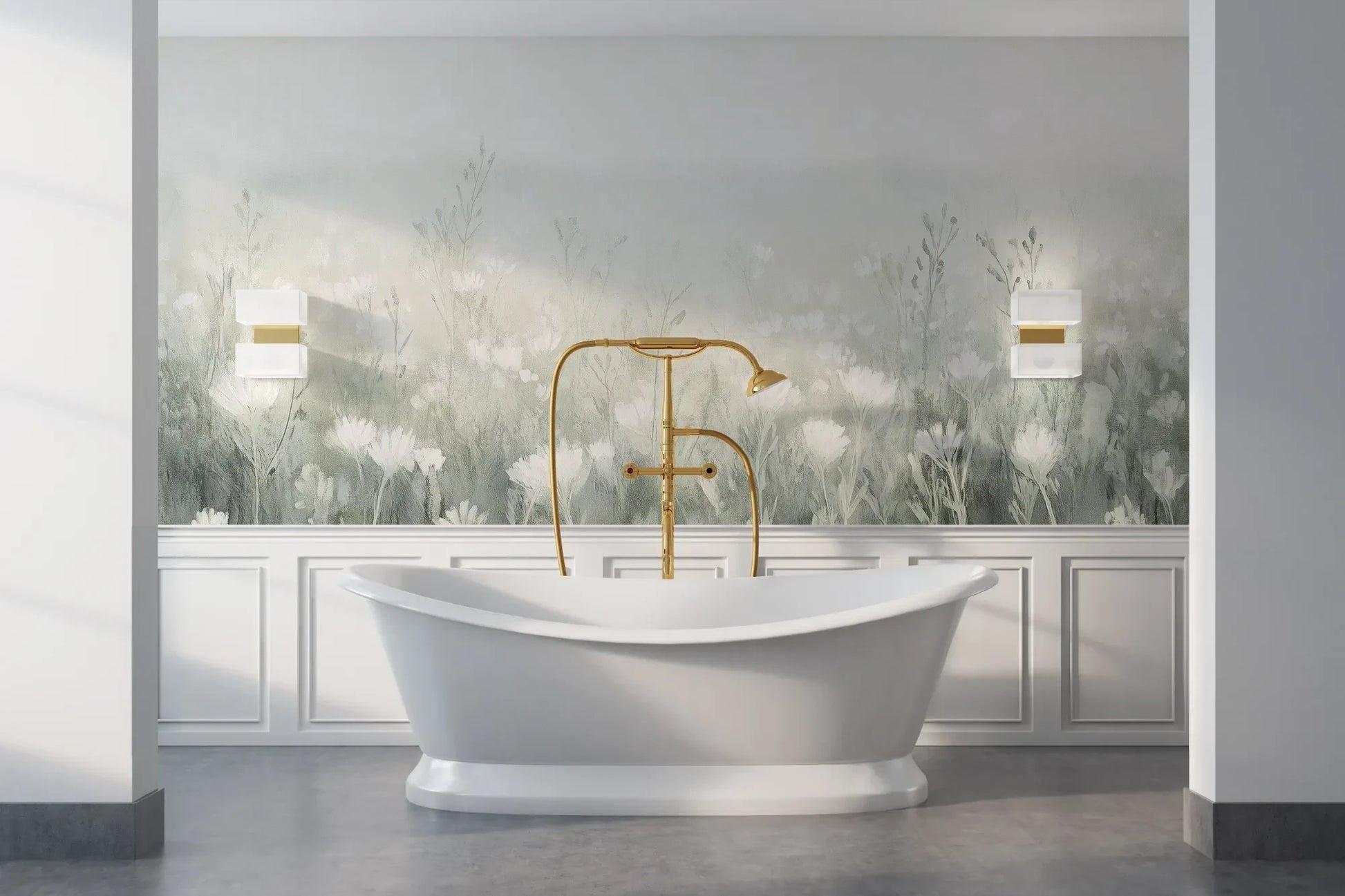 Wzór fototapety CLOUDED BLOSSOMS - tapeta z mglistą łąką pokazanej w aranżacji łazienki.