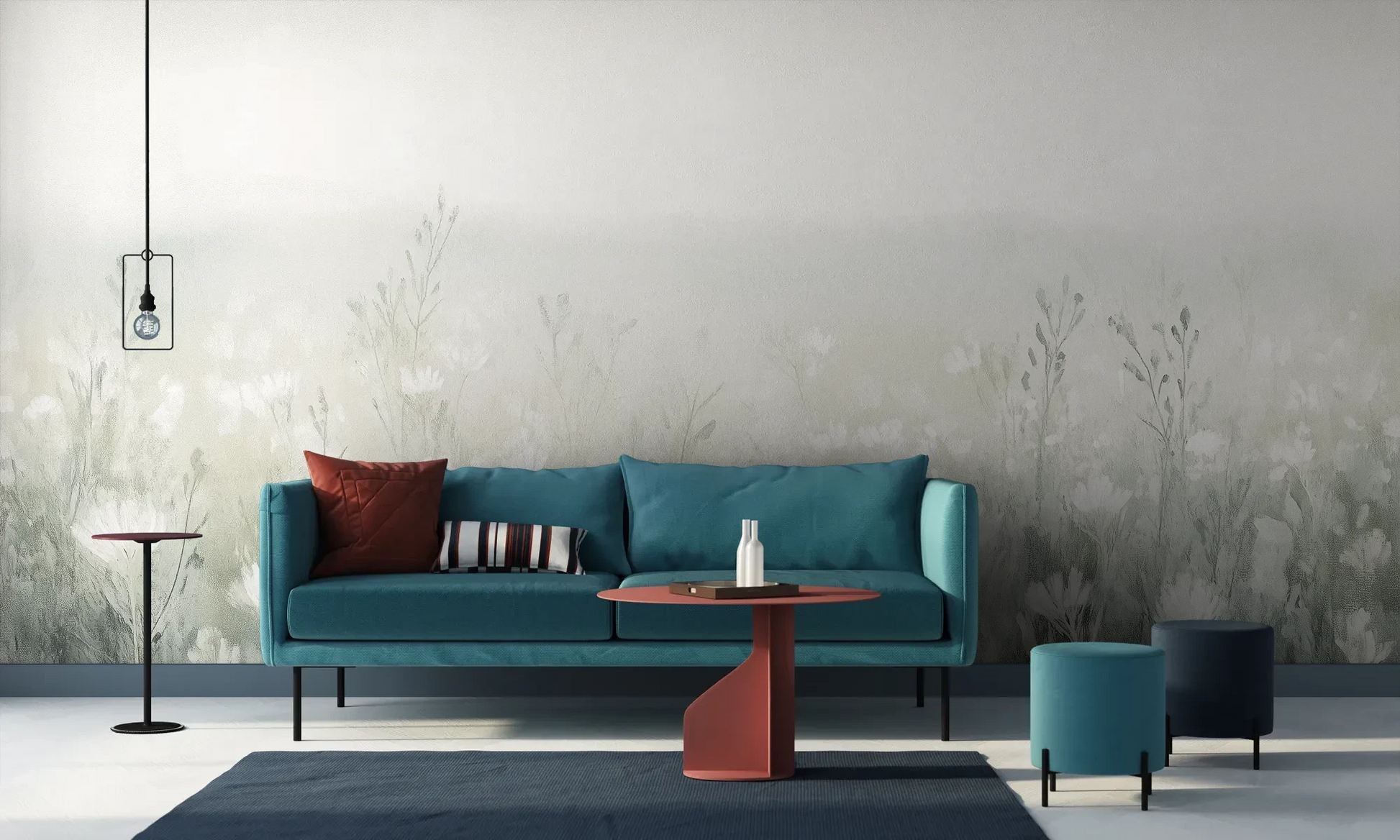 Wzór fototapety CLOUDED BLOSSOMS - tapeta z mglistą łąką pokazanej w aranżacji salonu.