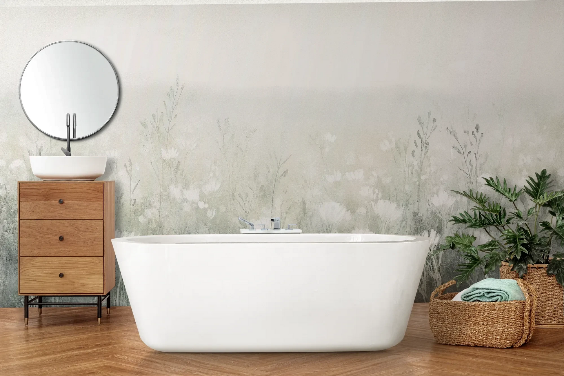 Wzór fototapety CLOUDED BLOSSOMS - tapeta z mglistą łąką pokazanej w aranżacji łazienki.