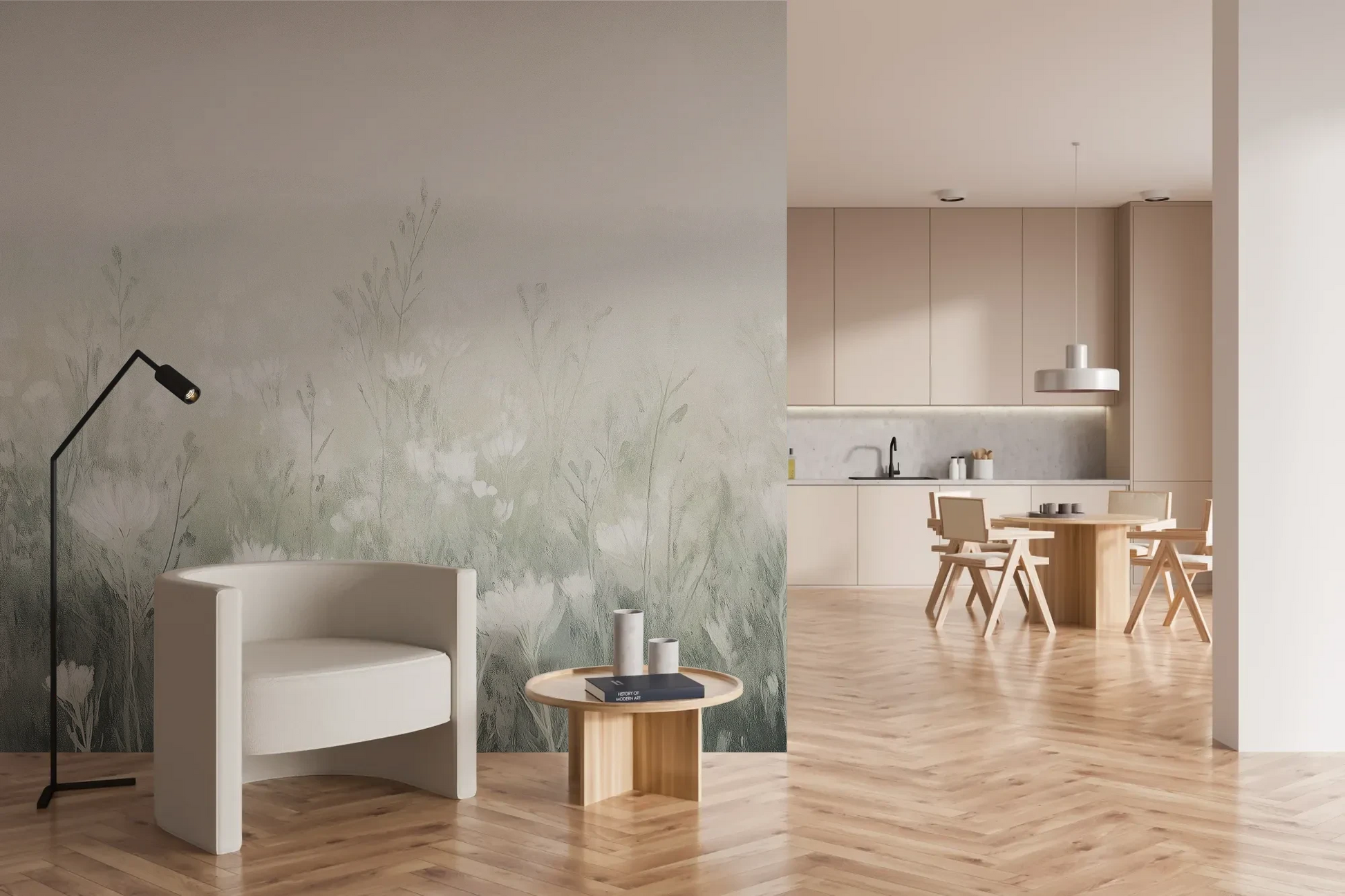 Wzór fototapety CLOUDED BLOSSOMS - tapeta z mglistą łąką pokazanej w aranżacji kuchni.