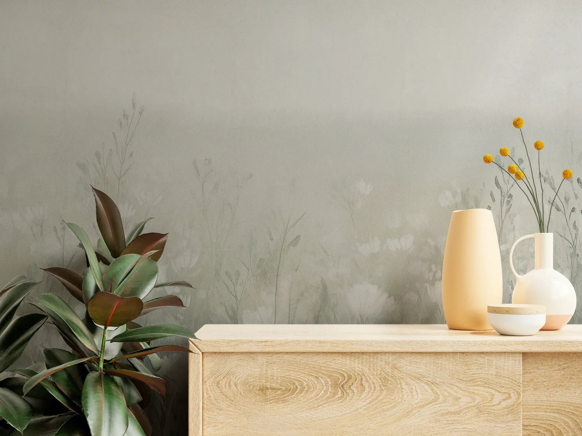 Fototapeta CLOUDED BLOSSOMS - tapeta z mglistą łąką pokazana w aranżacji wnętrza z akcentem na ścianie.