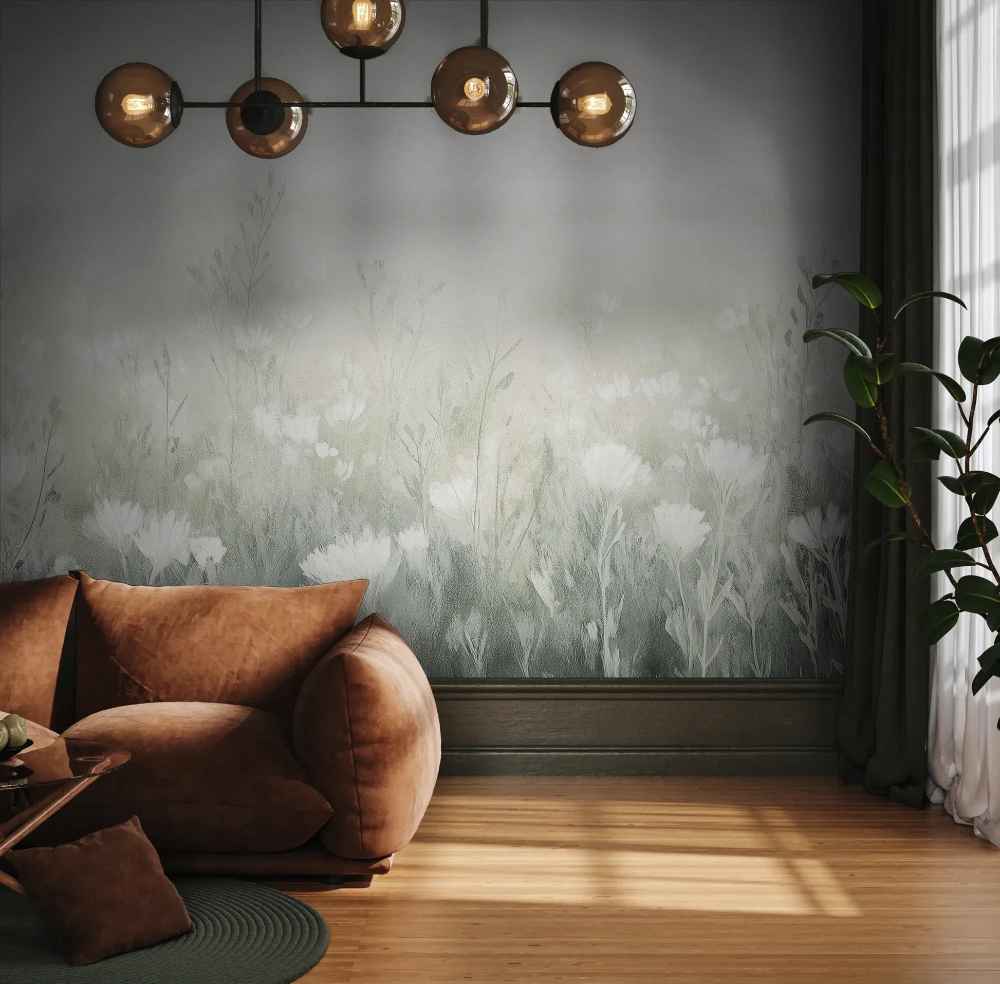 Fototapeta CLOUDED BLOSSOMS - tapeta z mglistą łąką pokazana w aranżacji wnętrza z akcentem na ścianie.