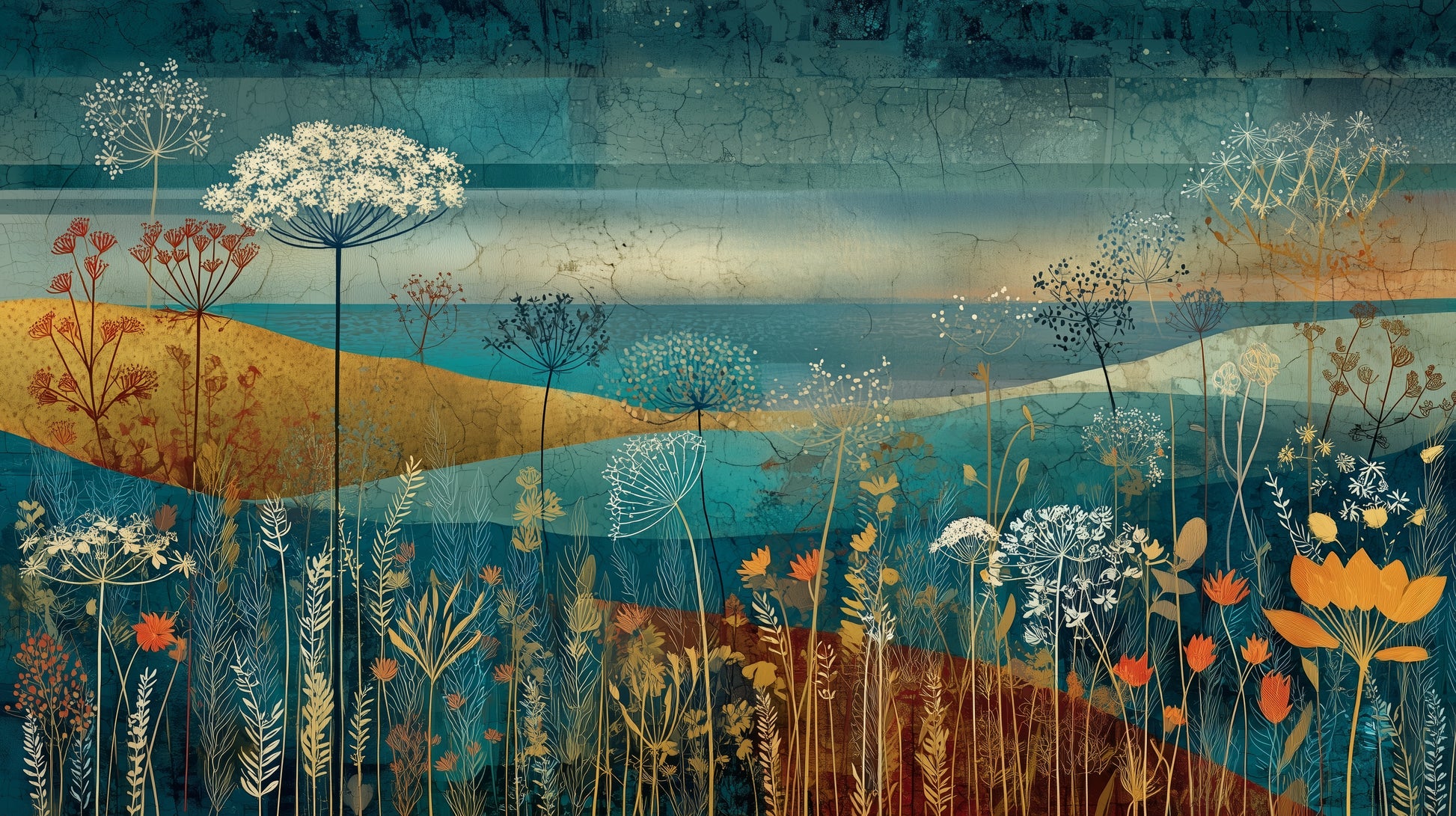 Prezentacja całego wzoru fototapety o nazwie AMBER WILDSCAPE - tapeta z łąkową panoramą w odcieniach turkusu i złota