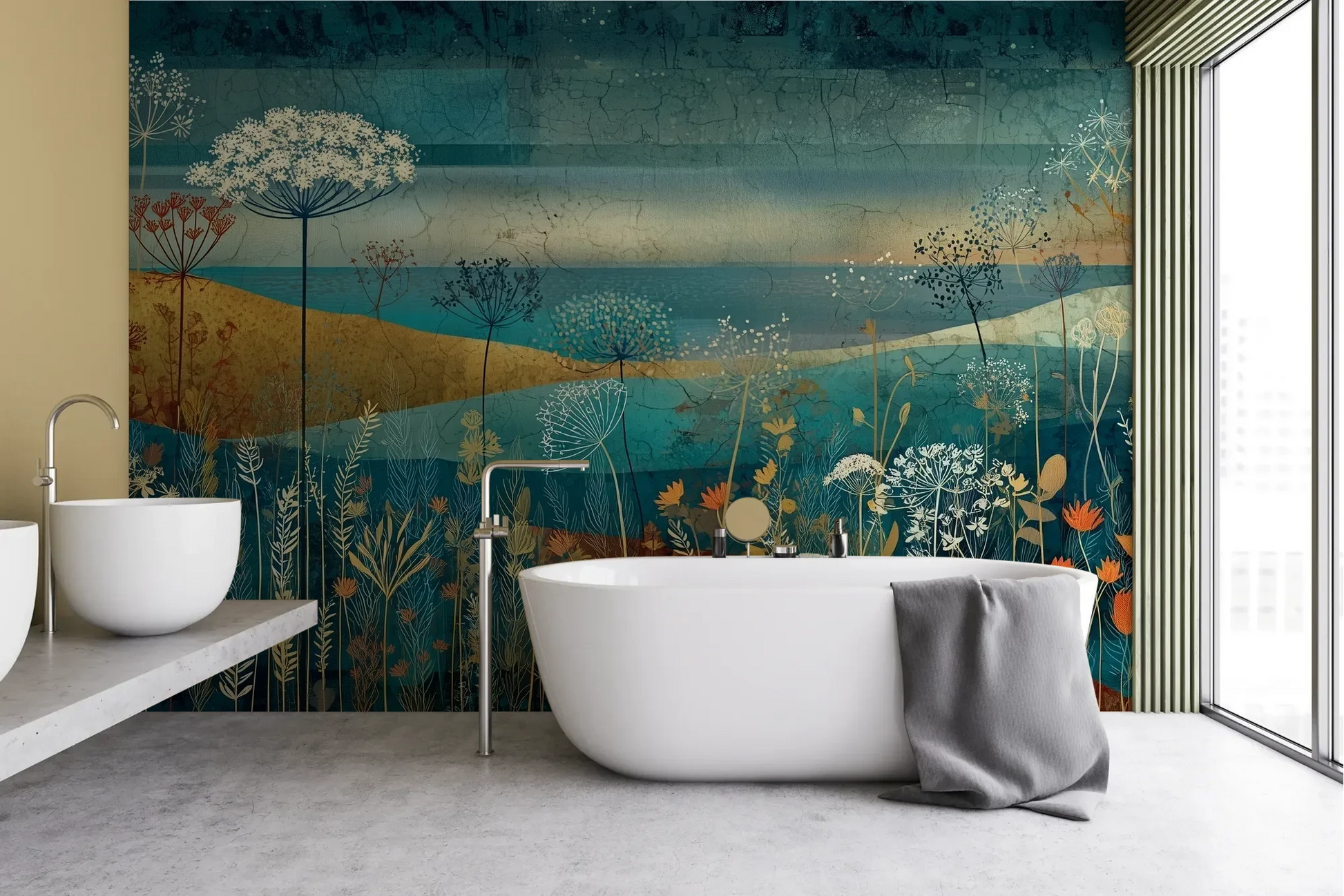 Wzór fototapety AMBER WILDSCAPE - tapeta z łąkową panoramą w odcieniach turkusu i złota pokazanej w aranżacji łazienki.