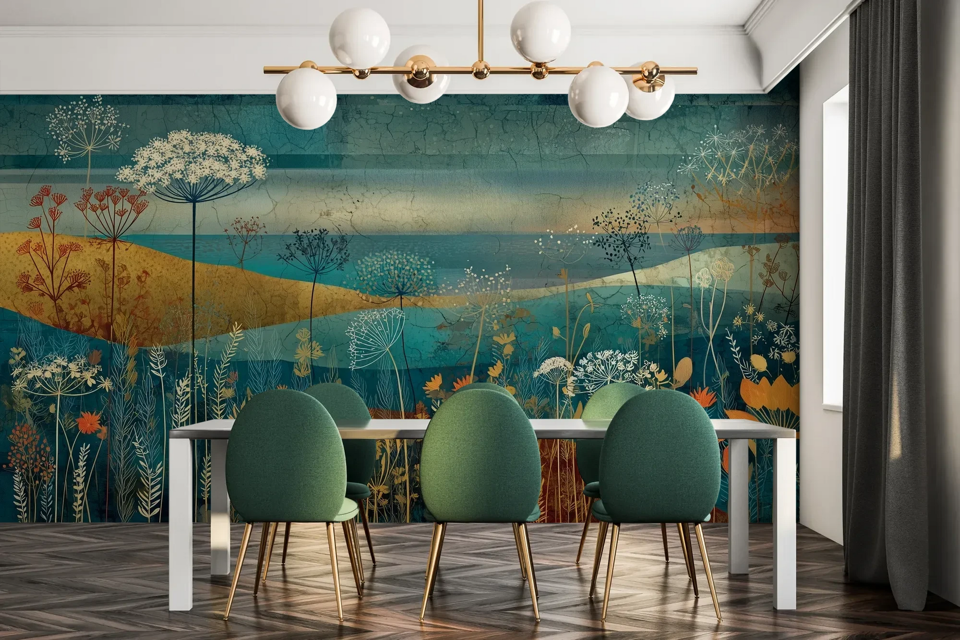Fototapeta AMBER WILDSCAPE - tapeta z łąkową panoramą w odcieniach turkusu i złota pokazana w aranżacji jadalni.