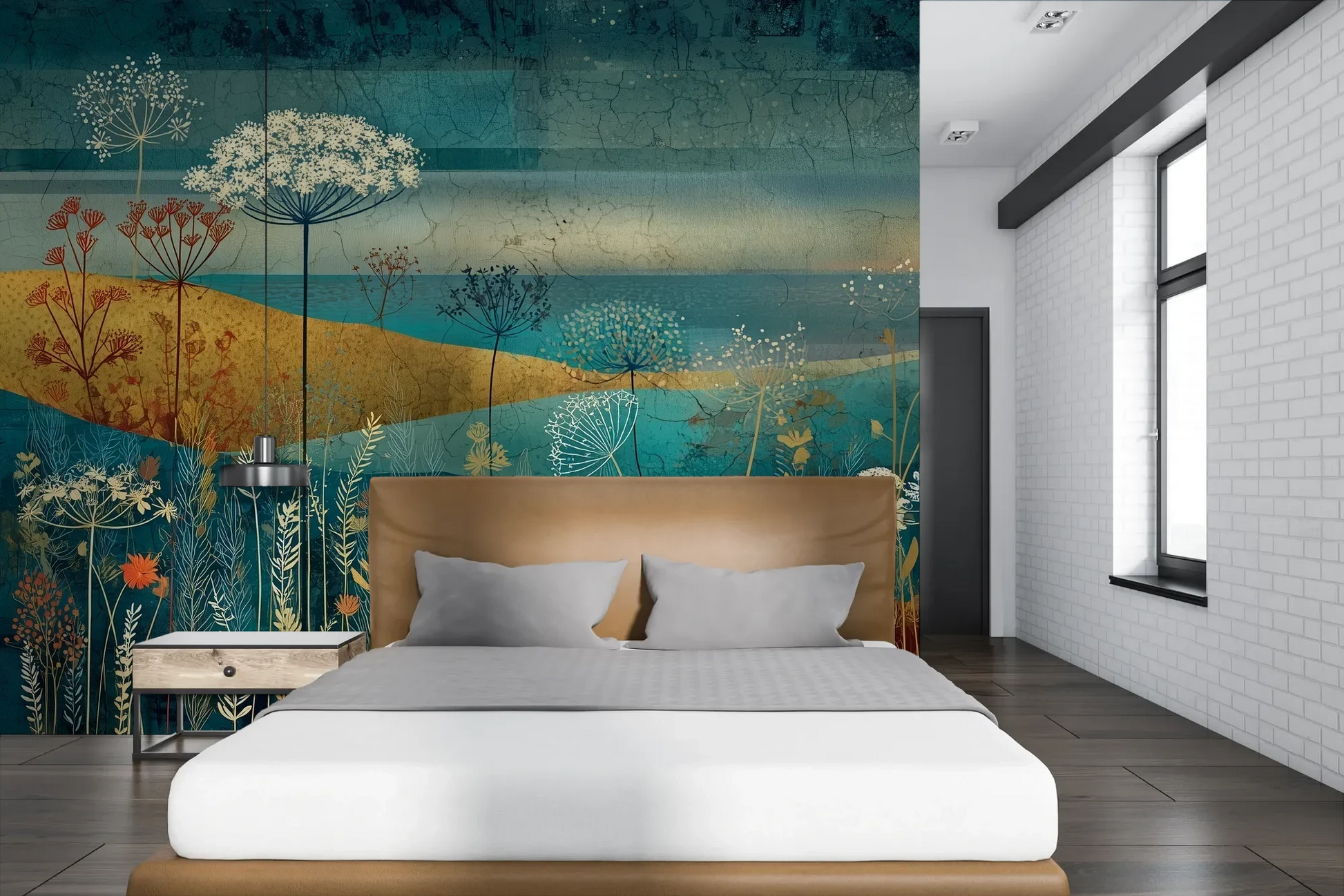 Wzór fototapety AMBER WILDSCAPE - tapeta z łąkową panoramą w odcieniach turkusu i złota pokazanej w aranżacji sypialni.