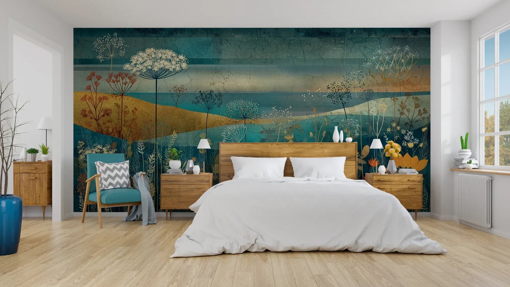 Wzór fototapety AMBER WILDSCAPE - tapeta z łąkową panoramą w odcieniach turkusu i złota pokazanej w aranżacji sypialni.