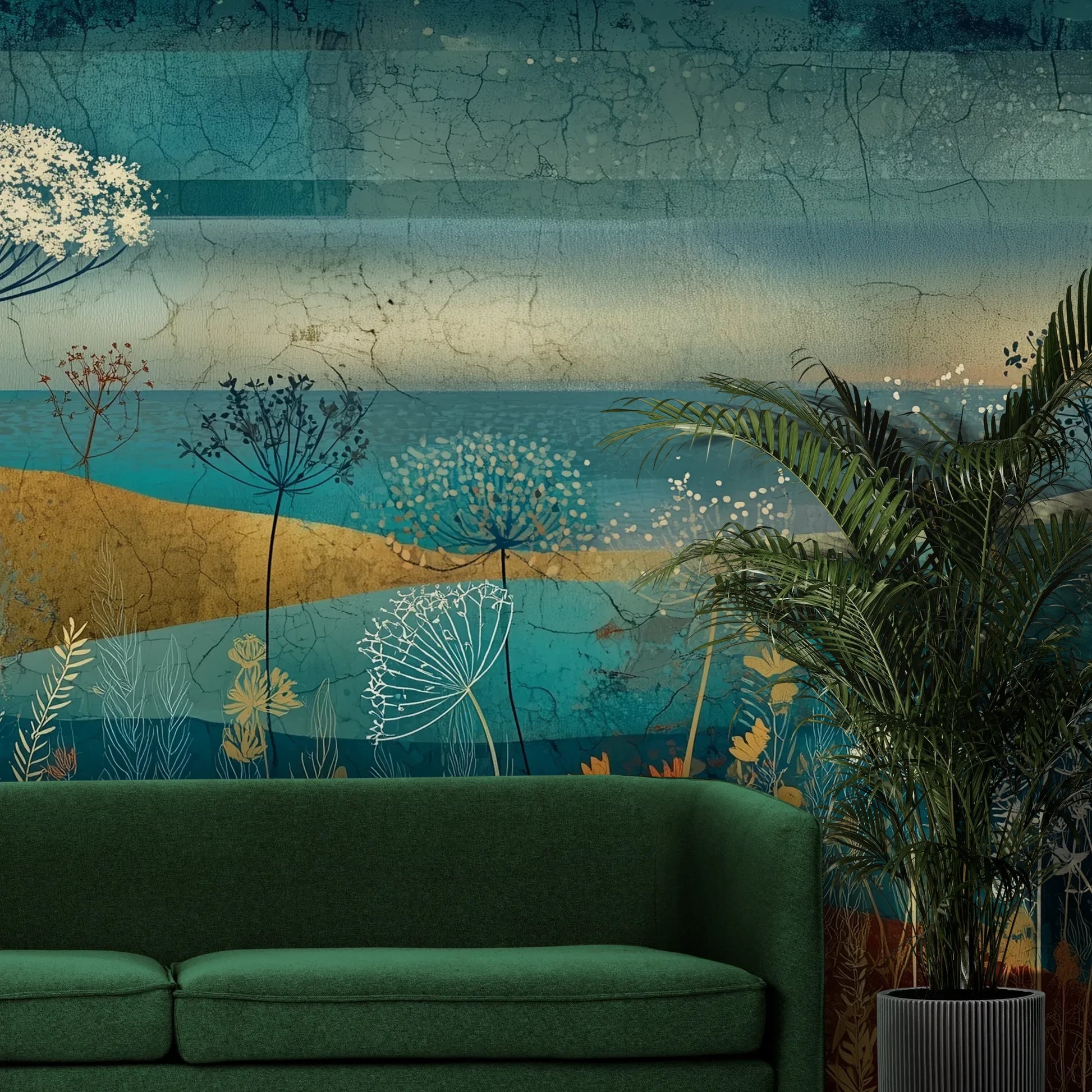 Fototapeta AMBER WILDSCAPE - tapeta z łąkową panoramą w odcieniach turkusu i złota pokazana w aranżacji wnętrza z akcentem na ścianie.