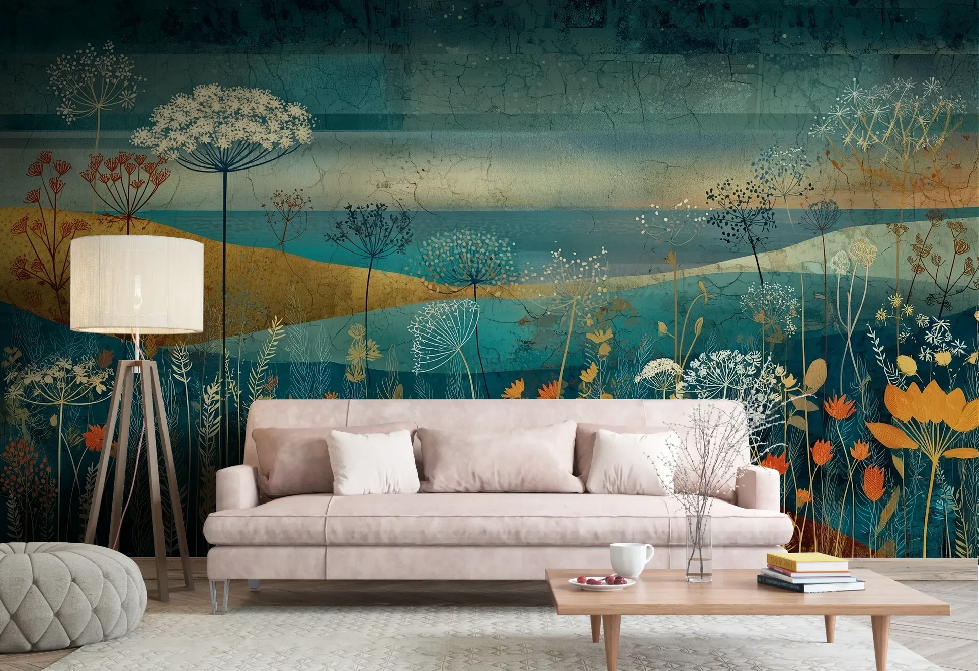 Wzór fototapety AMBER WILDSCAPE - tapeta z łąkową panoramą w odcieniach turkusu i złota pokazanej w aranżacji salonu.