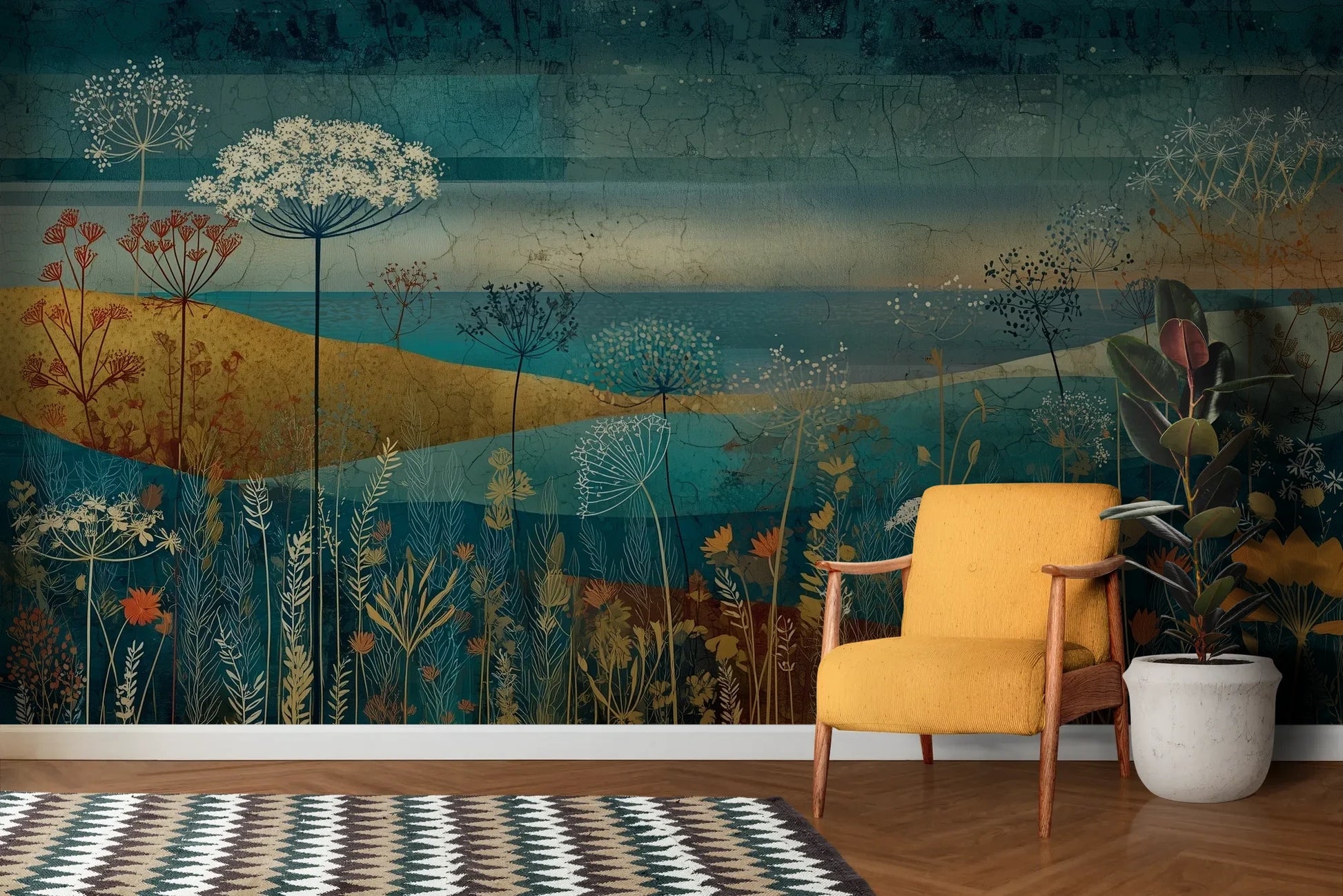 Wzór fototapety AMBER WILDSCAPE - tapeta z łąkową panoramą w odcieniach turkusu i złota pokazanej w aranżacji salonu.