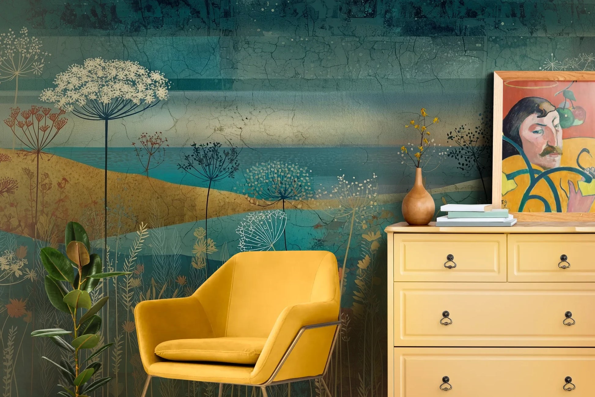 Wzór fototapety AMBER WILDSCAPE - tapeta z łąkową panoramą w odcieniach turkusu i złota pokazanej w aranżacji salonu.