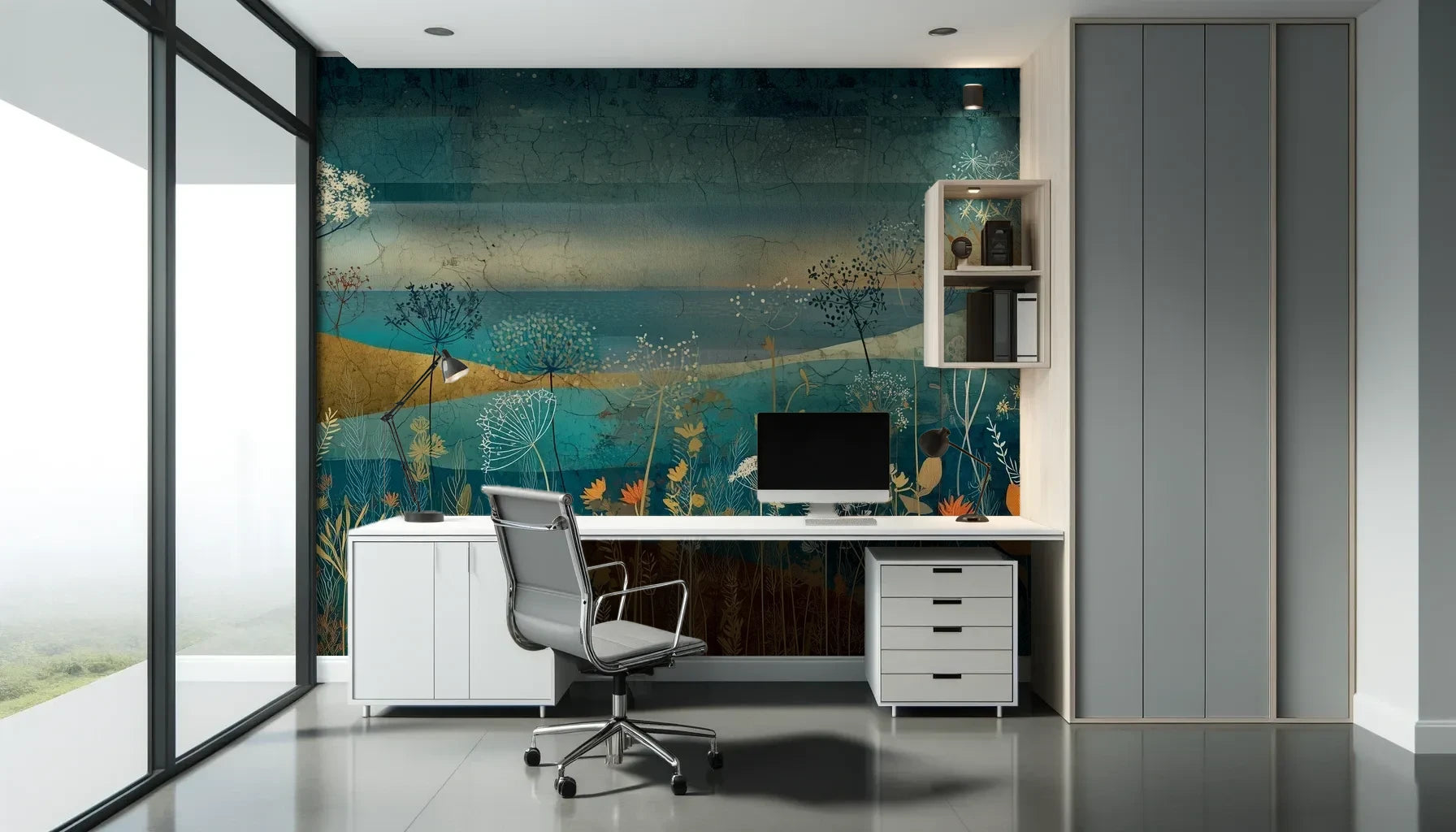 Fototapeta AMBER WILDSCAPE - tapeta z łąkową panoramą w odcieniach turkusu i złota pokazana w aranżacji biura.