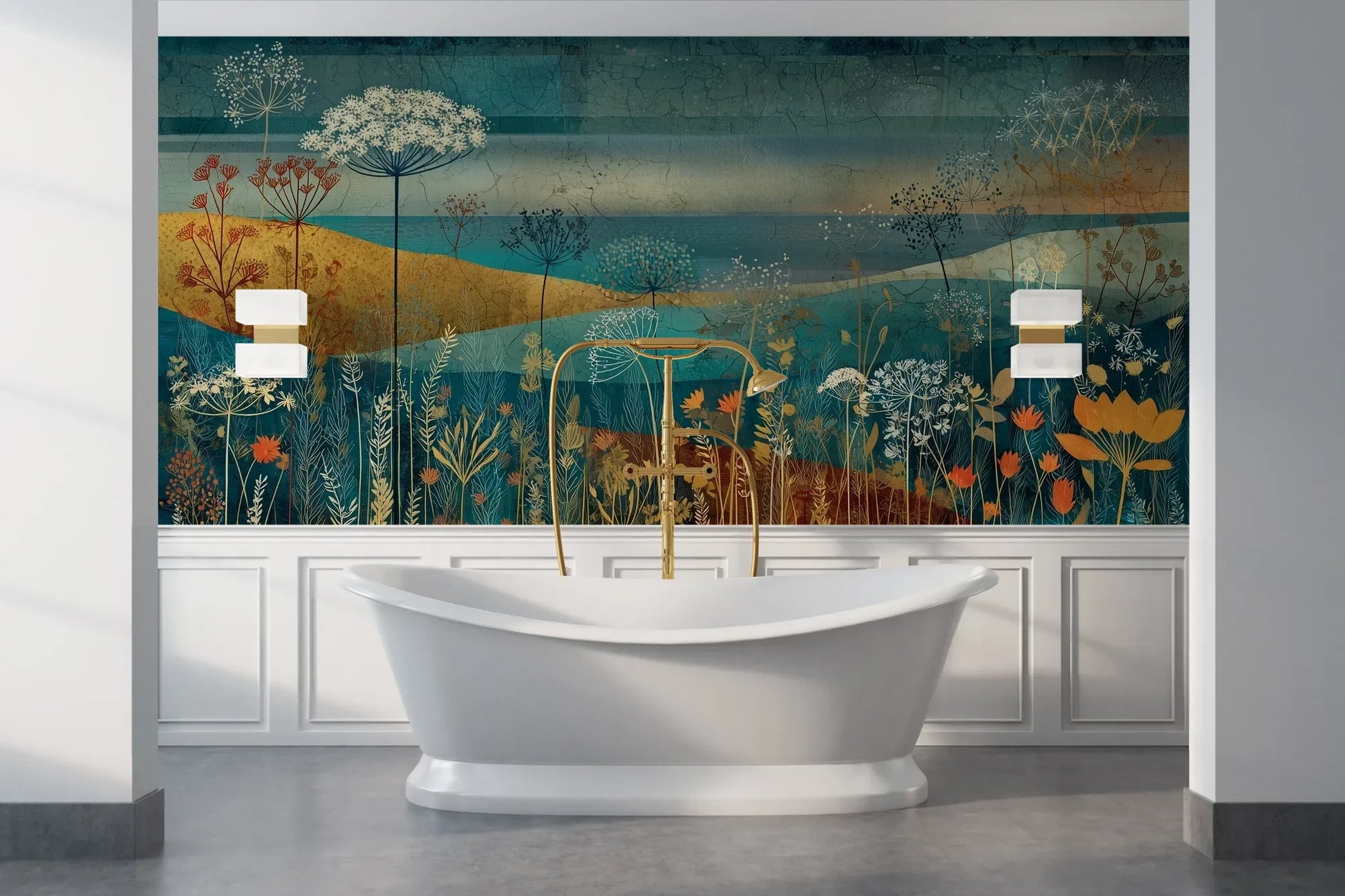 Wzór fototapety AMBER WILDSCAPE - tapeta z łąkową panoramą w odcieniach turkusu i złota pokazanej w aranżacji łazienki.