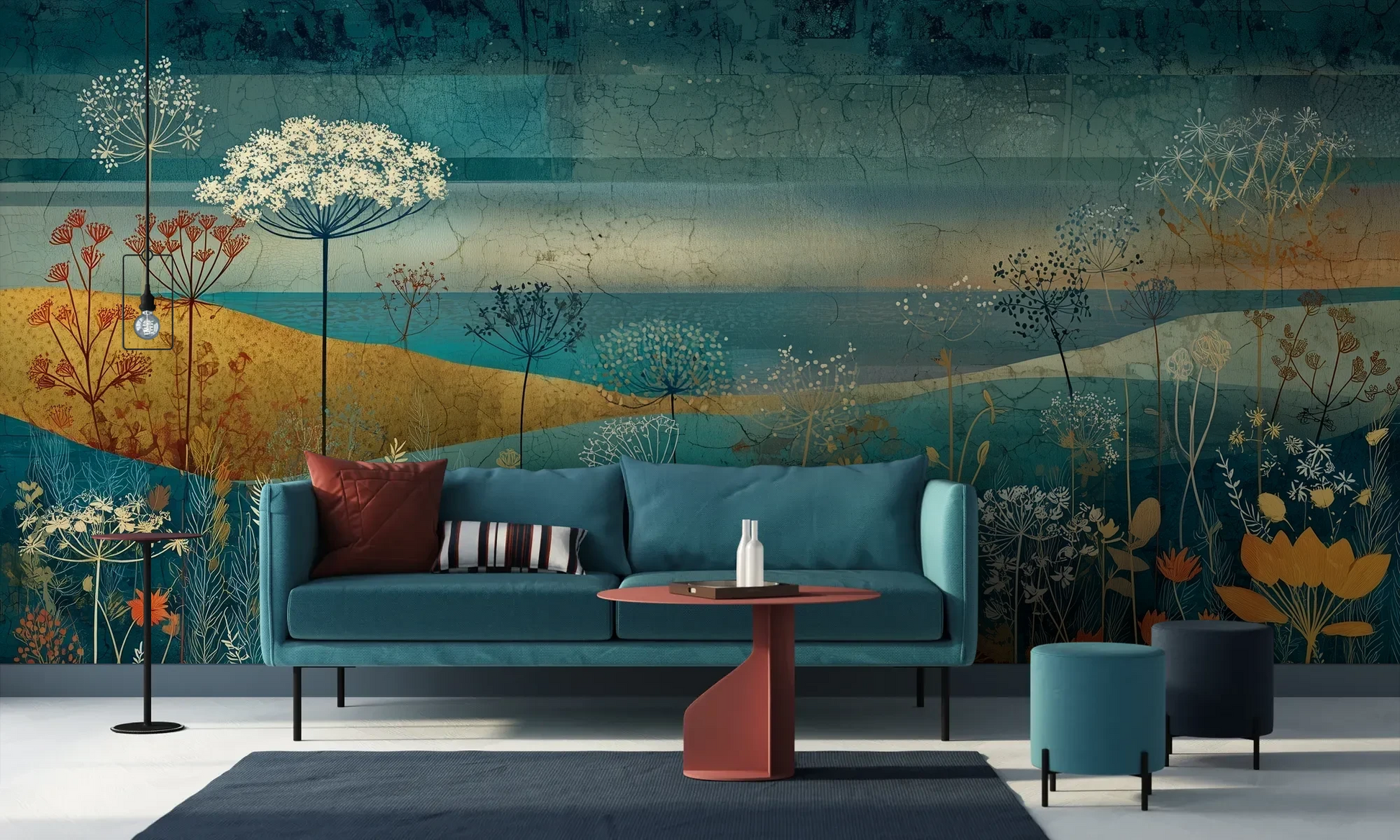 Wzór fototapety AMBER WILDSCAPE - tapeta z łąkową panoramą w odcieniach turkusu i złota pokazanej w aranżacji salonu.