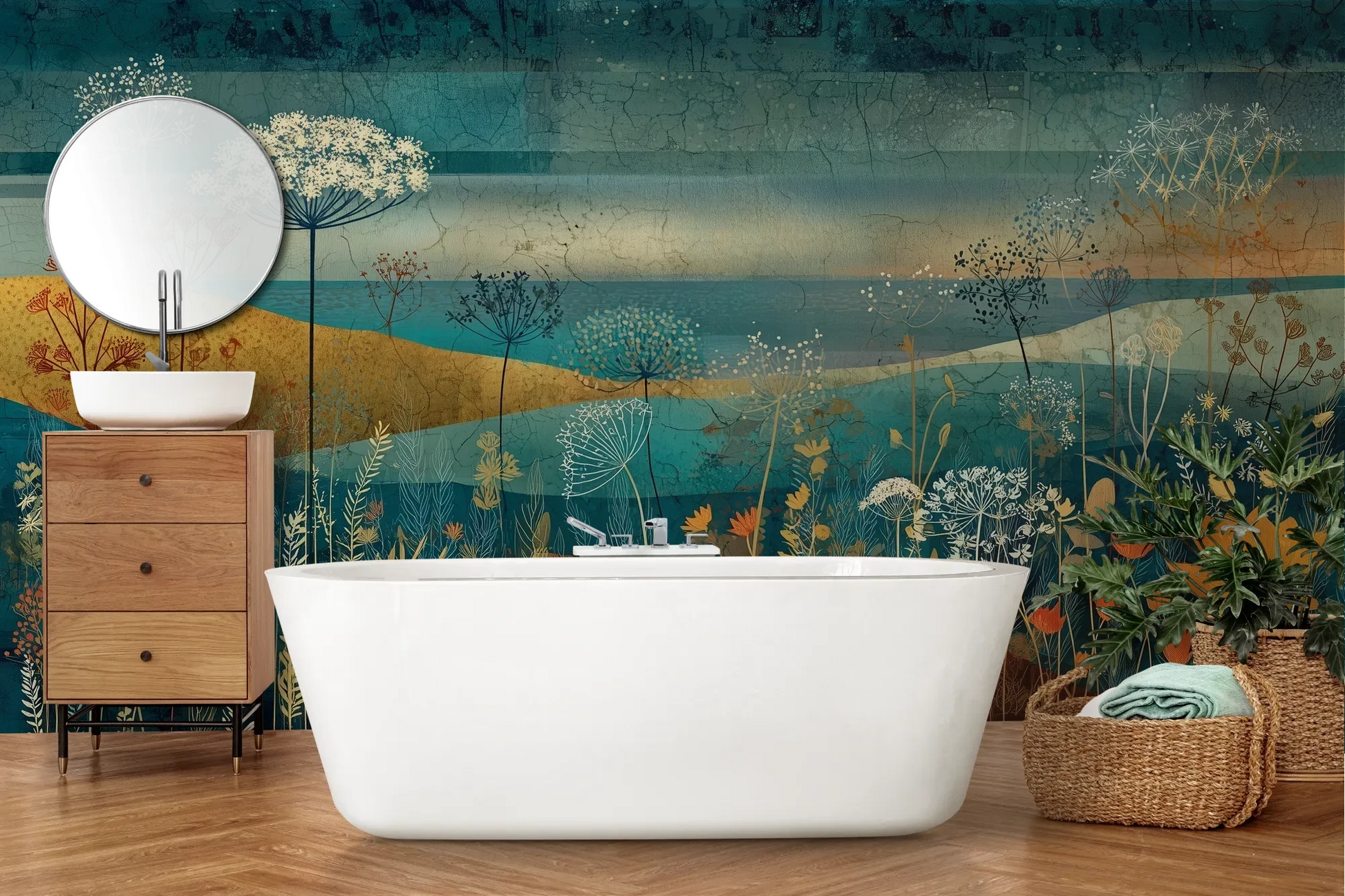 Wzór fototapety AMBER WILDSCAPE - tapeta z łąkową panoramą w odcieniach turkusu i złota pokazanej w aranżacji łazienki.