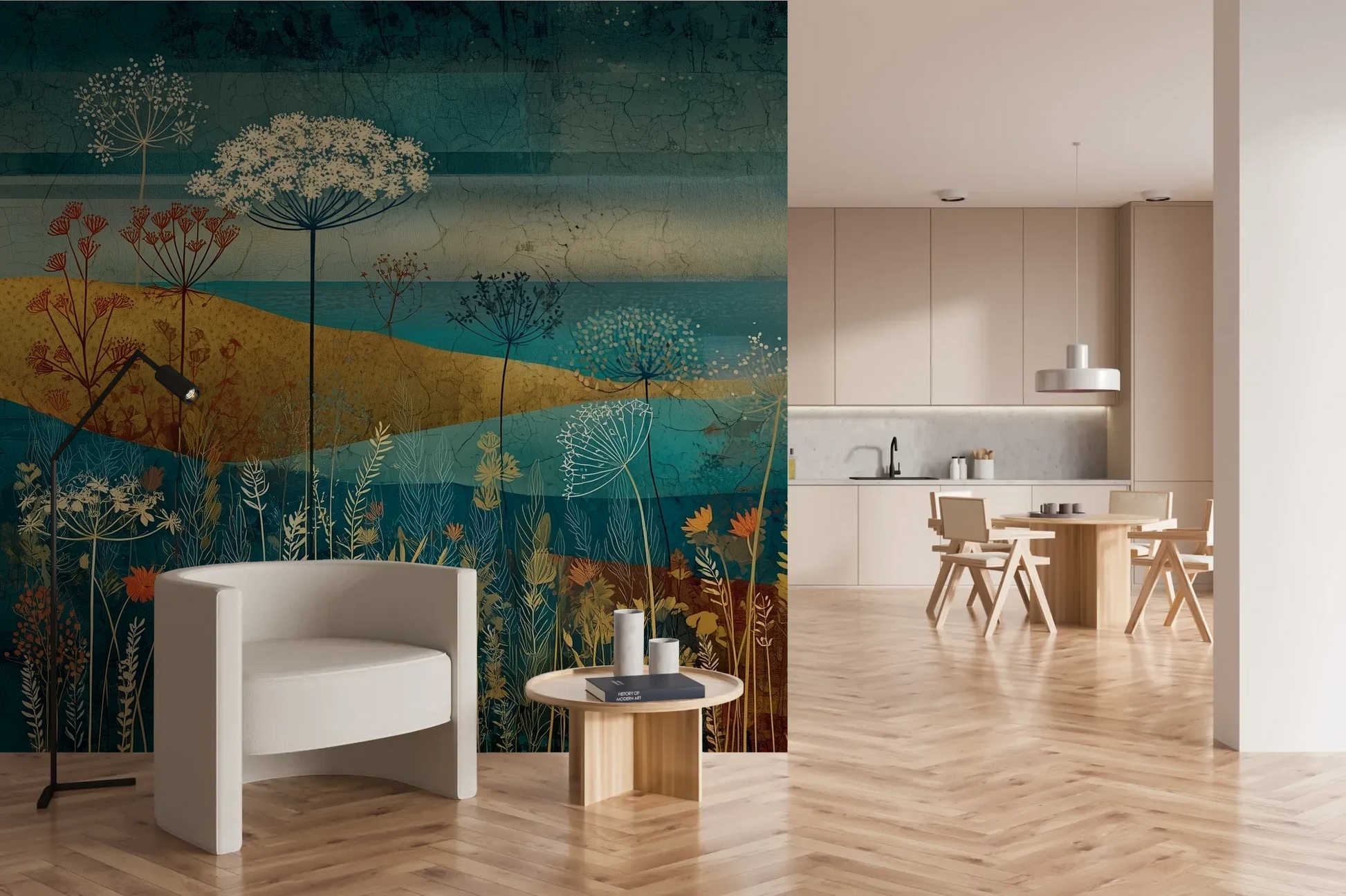 Wzór fototapety AMBER WILDSCAPE - tapeta z łąkową panoramą w odcieniach turkusu i złota pokazanej w aranżacji kuchni.