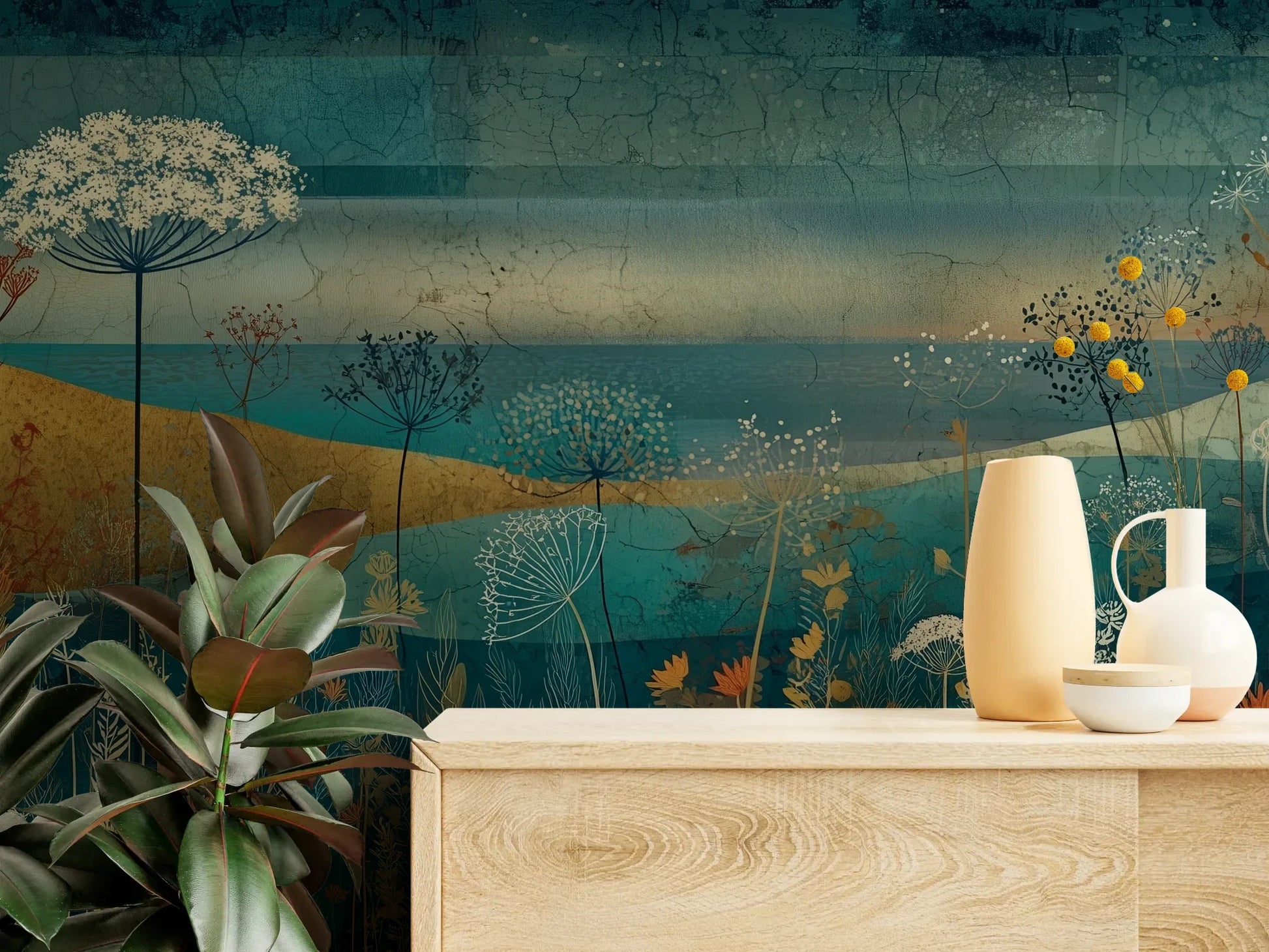 Fototapeta AMBER WILDSCAPE - tapeta z łąkową panoramą w odcieniach turkusu i złota pokazana w aranżacji wnętrza z akcentem na ścianie.