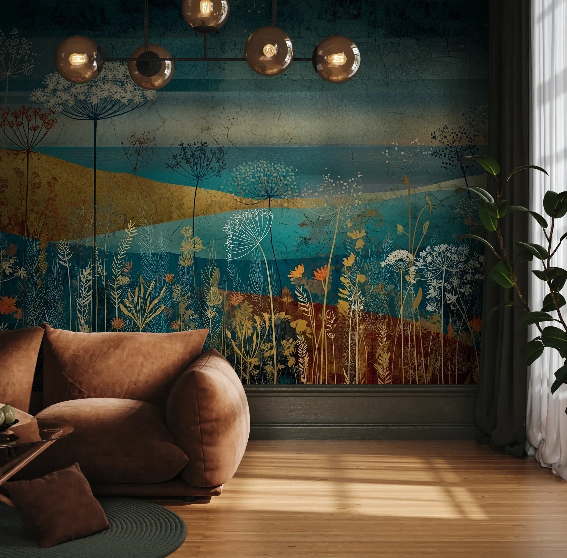 Fototapeta AMBER WILDSCAPE - tapeta z łąkową panoramą w odcieniach turkusu i złota pokazana w aranżacji wnętrza z akcentem na ścianie.