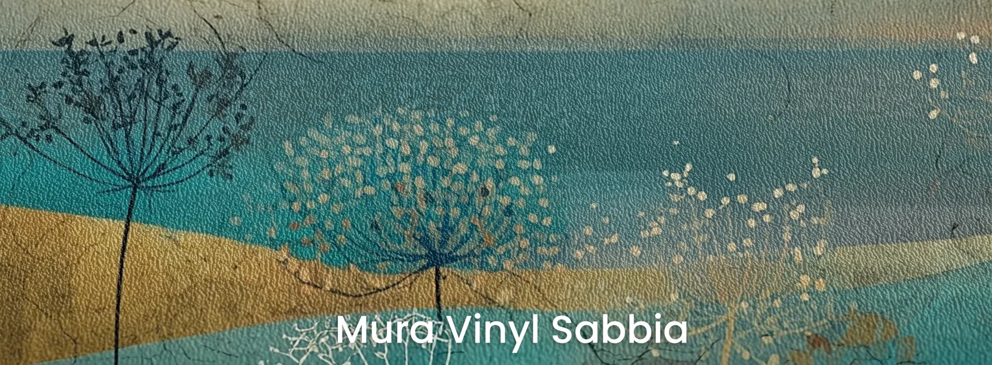 Zbliżenie na fototapetę AMBER WILDSCAPE - tapeta z łąkową panoramą w odcieniach turkusu i złota na podłożu o strukturze ziarna piasku.