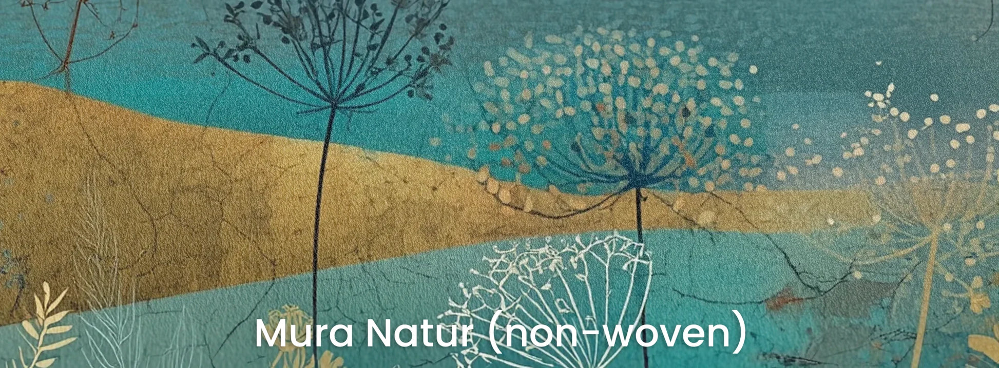 Zbliżenie na fototapetę AMBER WILDSCAPE - tapeta z łąkową panoramą w odcieniach turkusu i złota na naturalnym podłożu ekologicznym.