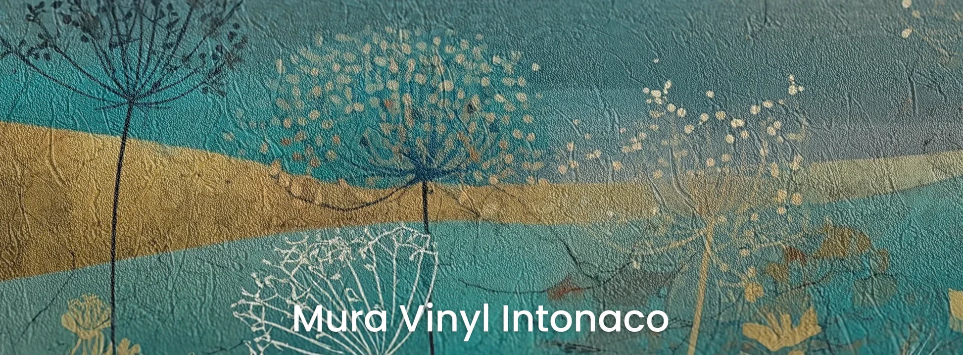 Zbliżenie na fototapetę AMBER WILDSCAPE - tapeta z łąkową panoramą w odcieniach turkusu i złota na podłożu o strukturze tartego tynku.