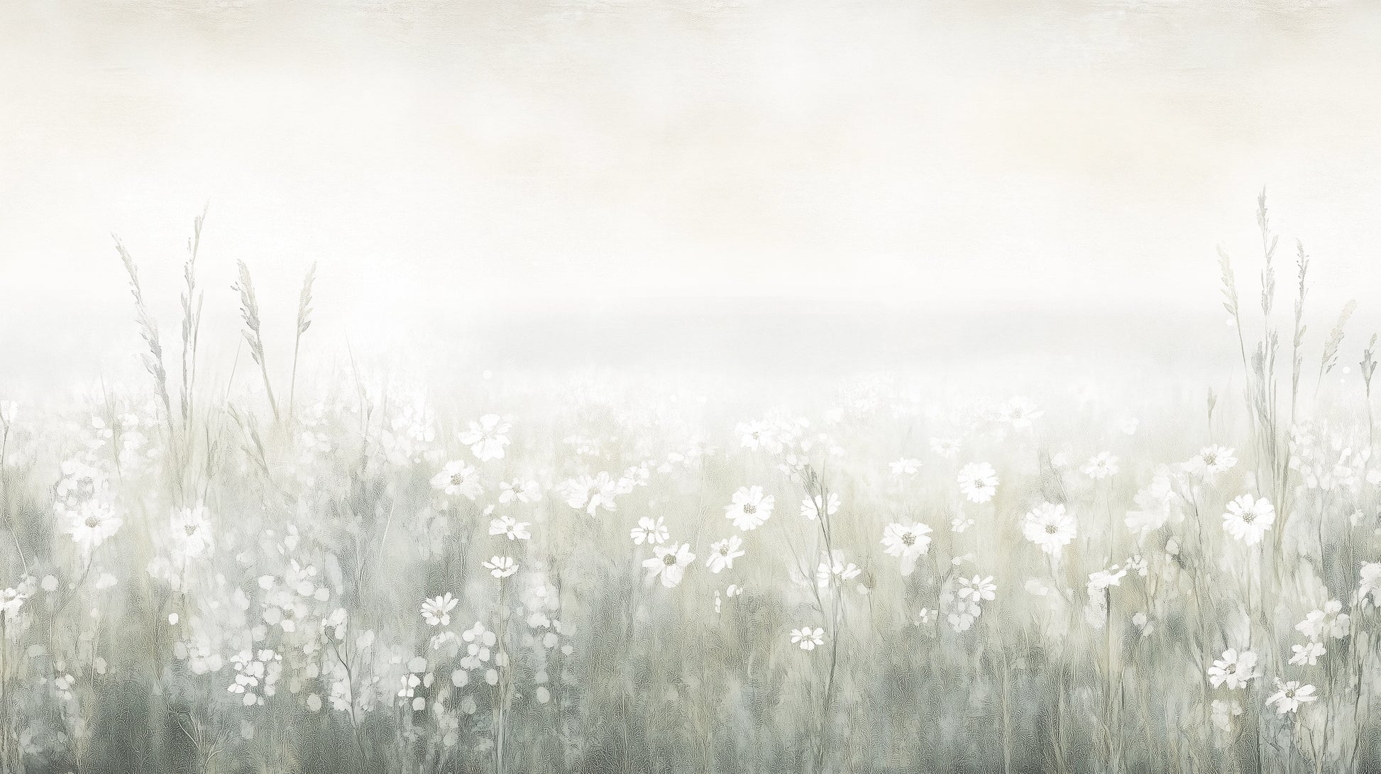 Prezentacja całego wzoru fototapety o nazwie PEARL MEADOW - tapeta z mglistą łąką w stonowanych beżach