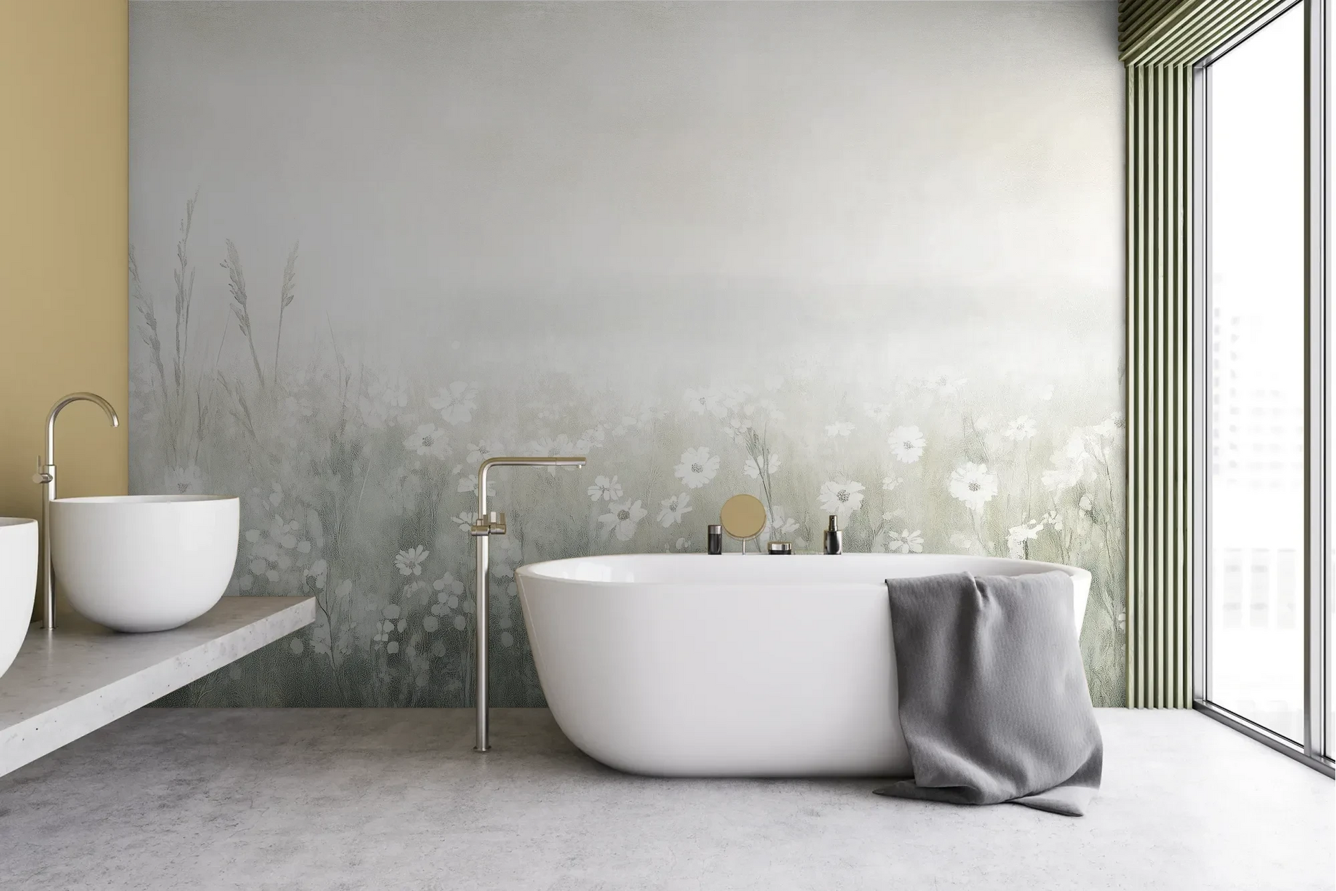 Wzór fototapety PEARL MEADOW - tapeta z mglistą łąką w stonowanych beżach pokazanej w aranżacji łazienki.
