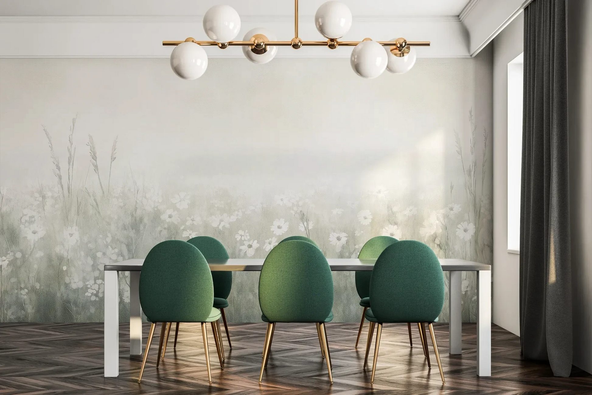 Fototapeta PEARL MEADOW - tapeta z mglistą łąką w stonowanych beżach pokazana w aranżacji jadalni.