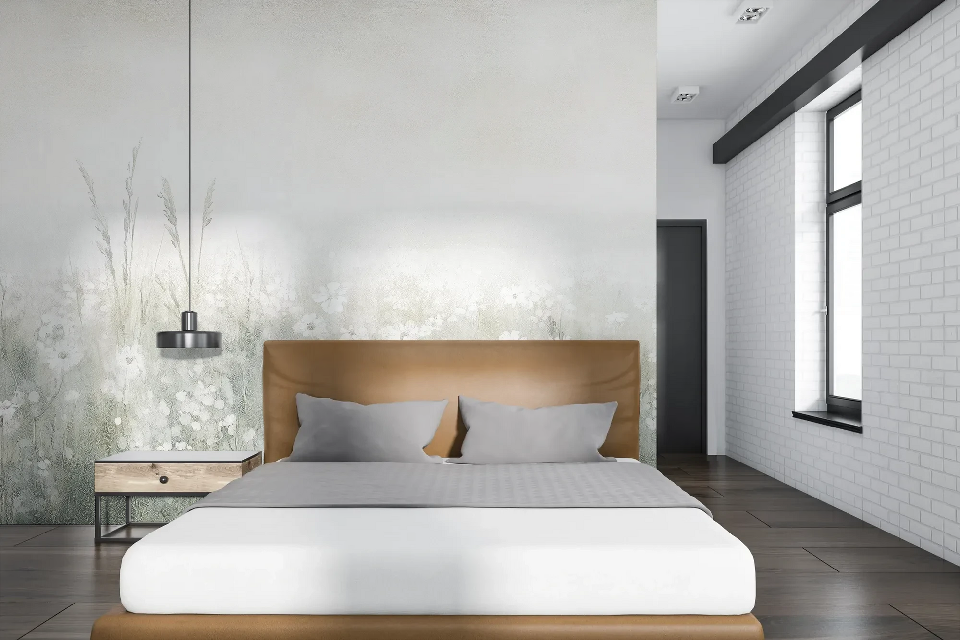 Wzór fototapety PEARL MEADOW - tapeta z mglistą łąką w stonowanych beżach pokazanej w aranżacji sypialni.