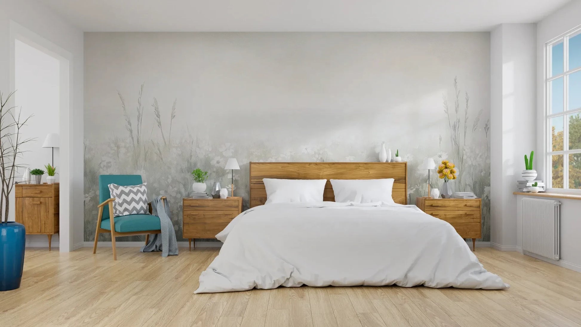 Wzór fototapety PEARL MEADOW - tapeta z mglistą łąką w stonowanych beżach pokazanej w aranżacji sypialni.