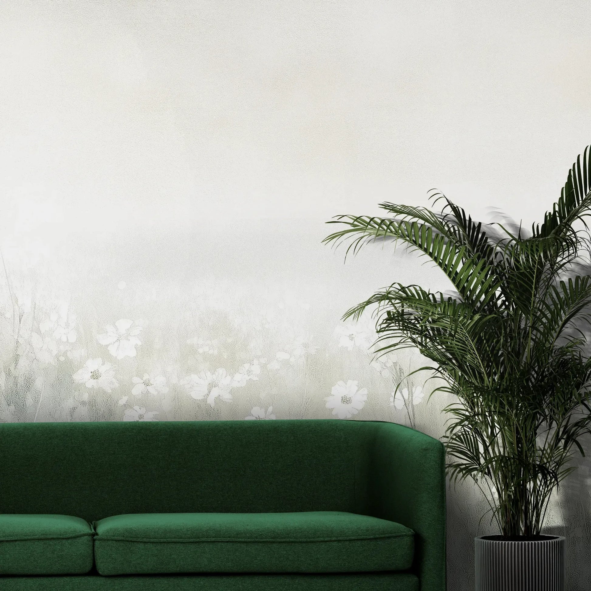 Fototapeta PEARL MEADOW - tapeta z mglistą łąką w stonowanych beżach pokazana w aranżacji wnętrza z akcentem na ścianie.