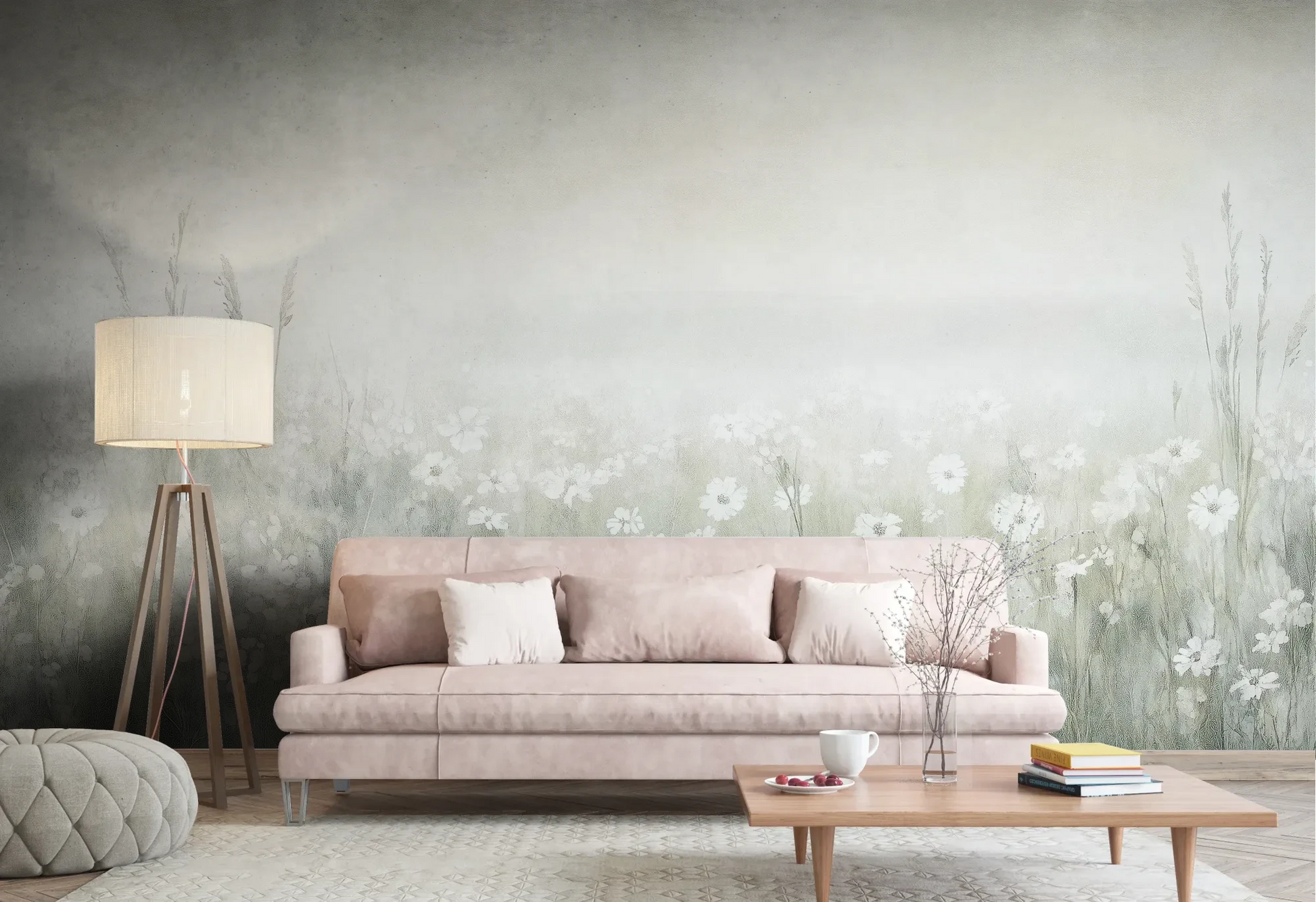 Wzór fototapety PEARL MEADOW - tapeta z mglistą łąką w stonowanych beżach pokazanej w aranżacji salonu.