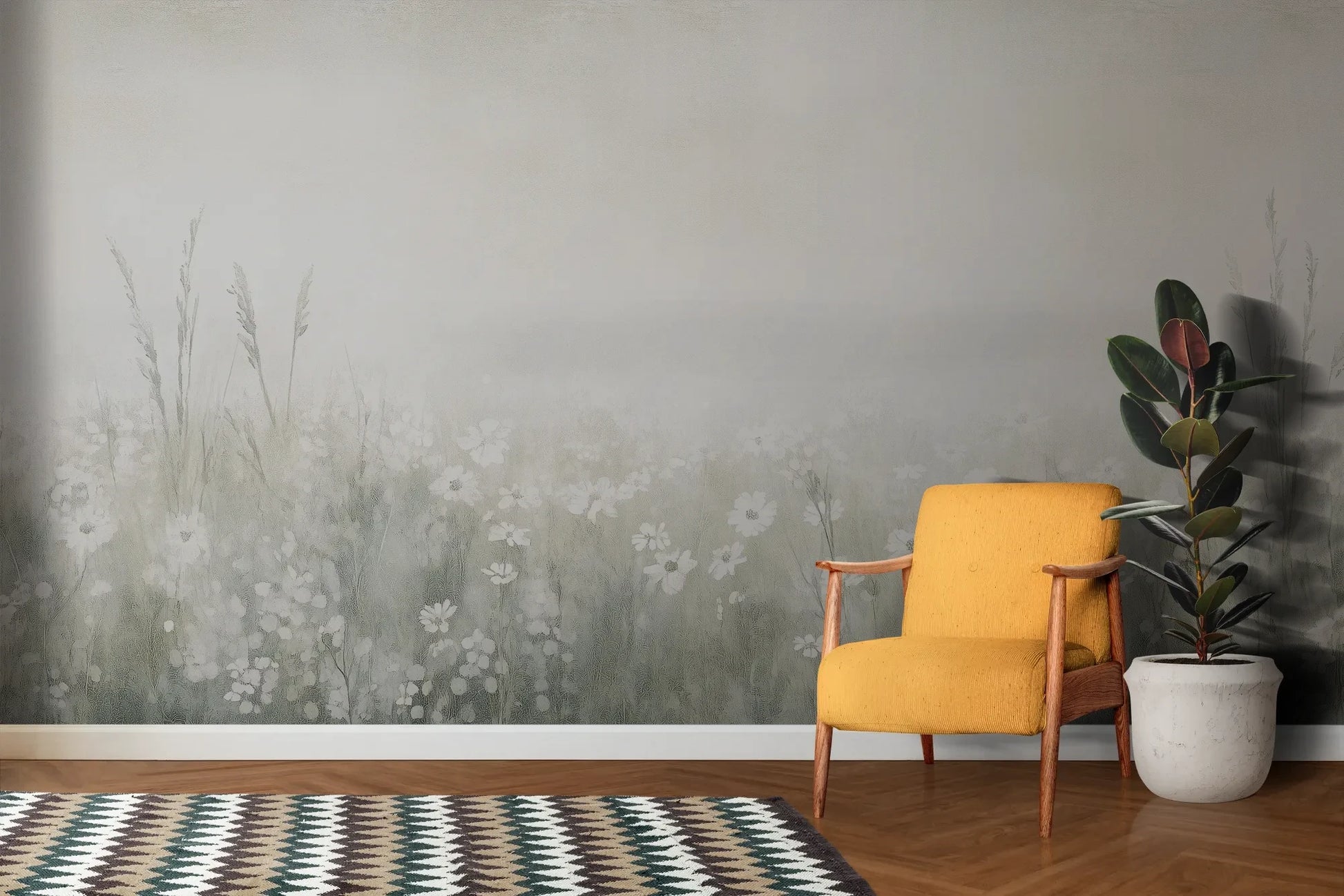 Wzór fototapety PEARL MEADOW - tapeta z mglistą łąką w stonowanych beżach pokazanej w aranżacji salonu.