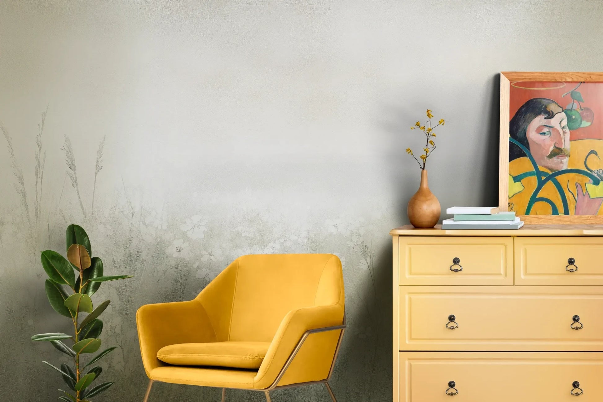 Wzór fototapety PEARL MEADOW - tapeta z mglistą łąką w stonowanych beżach pokazanej w aranżacji salonu.